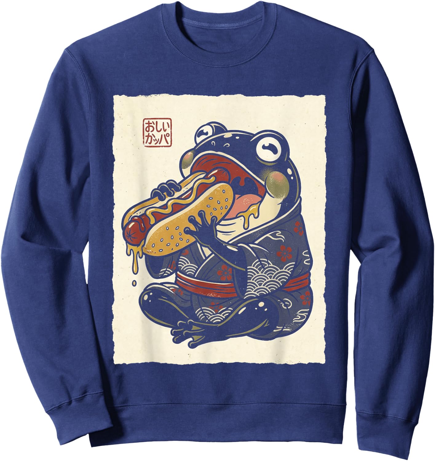 Grumpy Frog Eating Hotdog Japanese Sweatshirt - Sweatshirt | Navy
