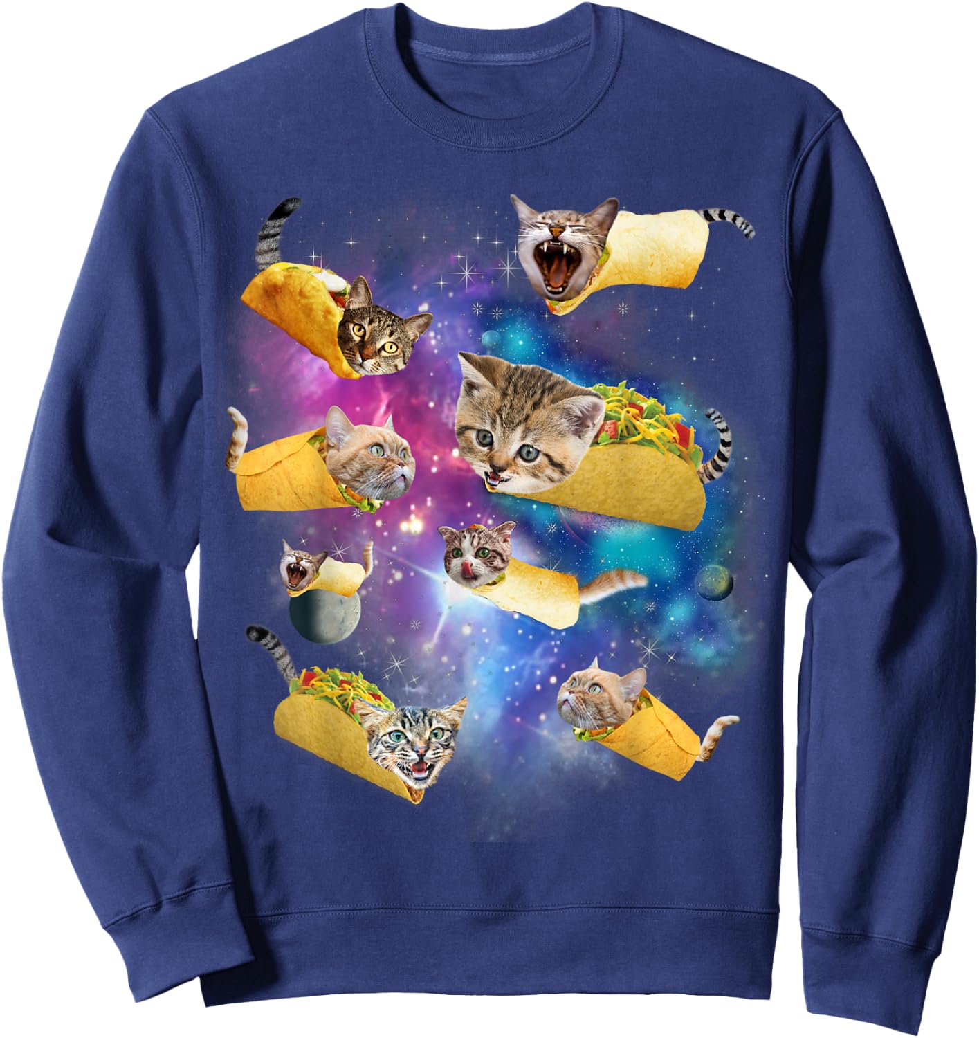 Burrito Pizza and Taco Cat in Space - Tacocat Gift , black Sweatshirt - Sweatshirt | Navy