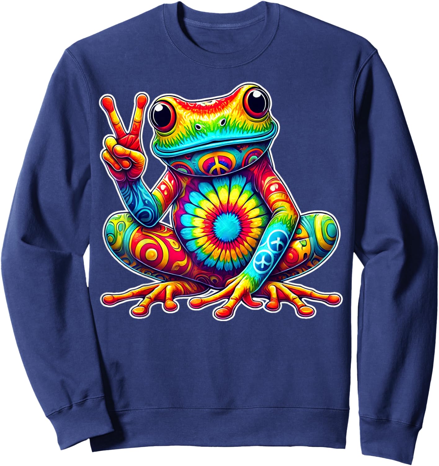 Tie-Dye Frog With Peace Sign Cool Hippie Sweatshirt - Sweatshirt | Navy