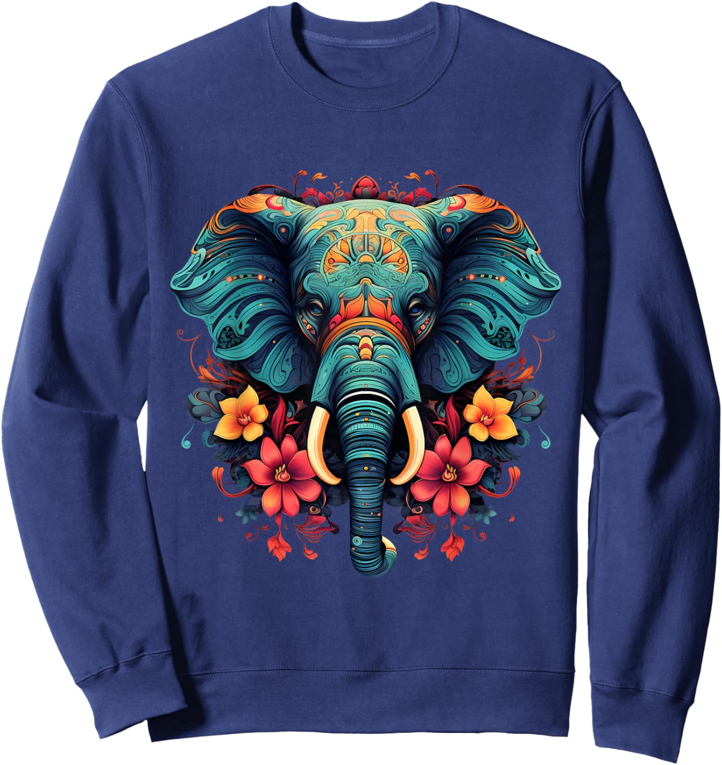 Elephant Portrait Floral Artwork Motif Animal Art Nature Sweatshirt - Sweatshirt | Navy