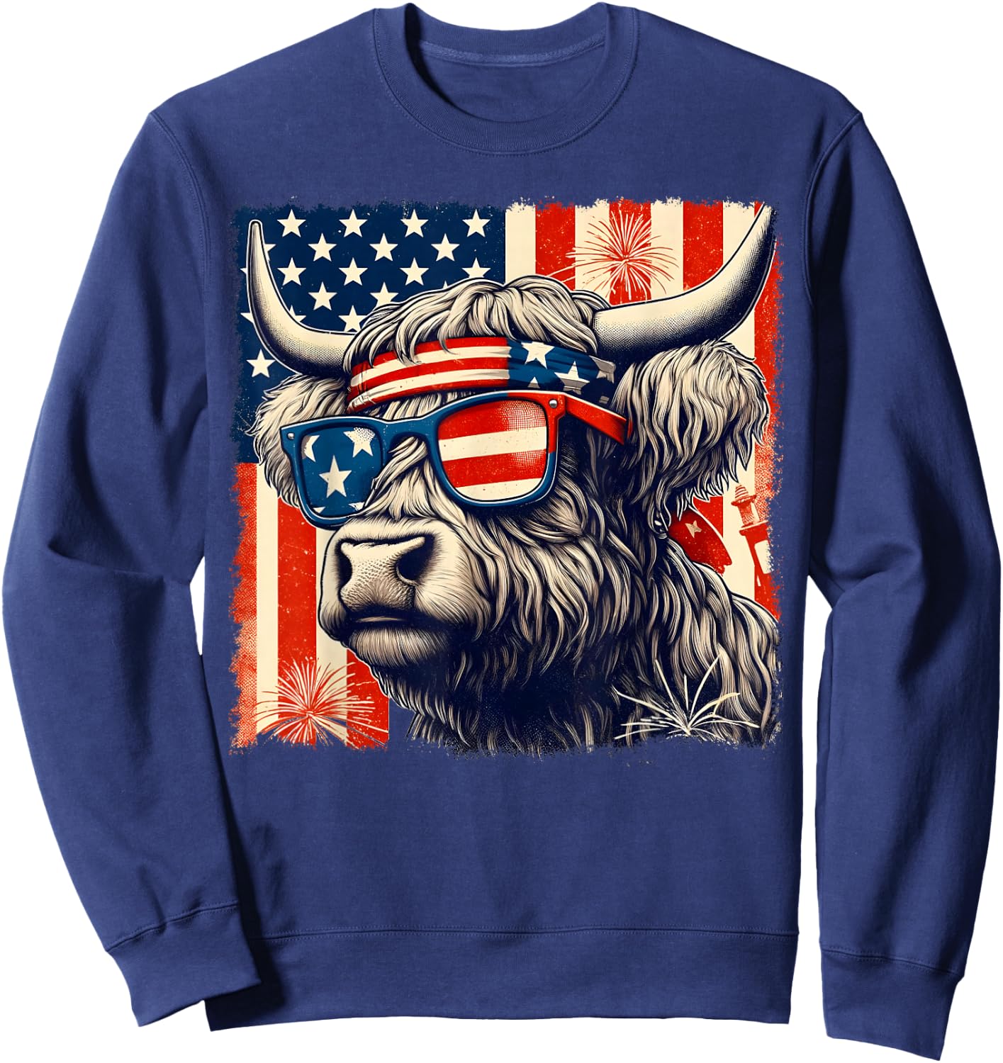 Highland Cow Sunglasses American Flag 4th of July Farmer Sweatshirt - Sweatshirt | Navy