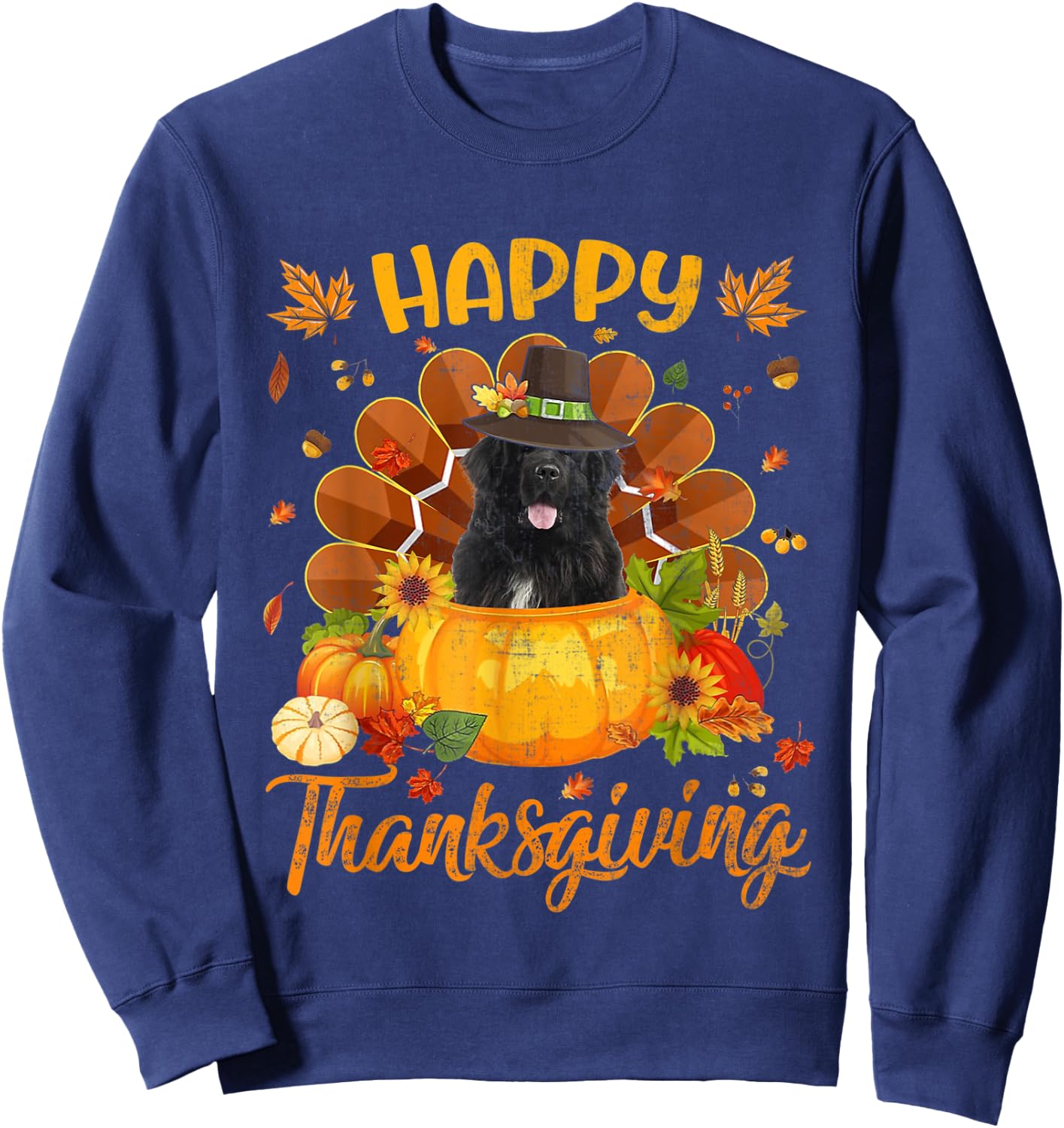 Happy Thanksgiving Newfoundland Dog Turkey Pumpkin Sweatshirt - Sweatshirt | Navy