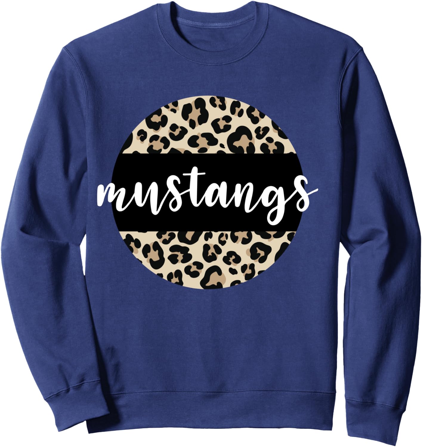 Leopard Print Mustangs Team Mascot School Spirit Game Night Sweatshirt - Sweatshirt | Navy