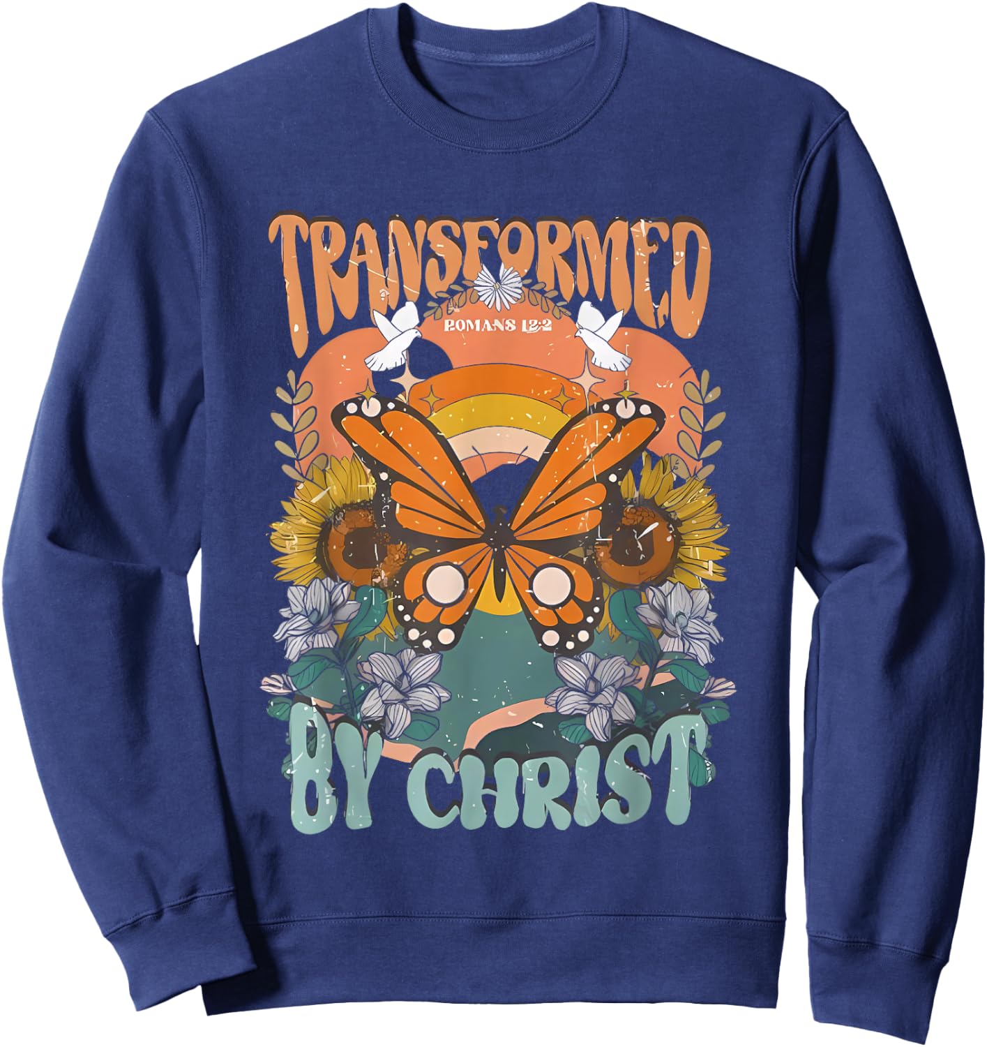 Transformed By Christ Butterfly Christian Jesus Faith Cross Sweatshirt - Sweatshirt | Navy