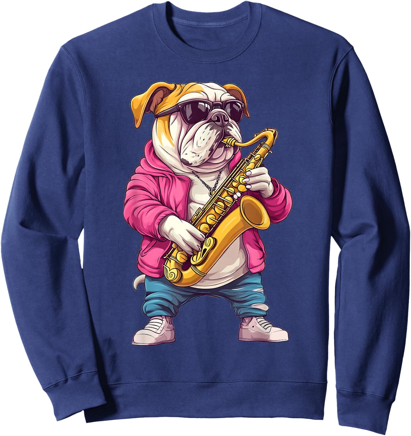 Cute English Bulldog Dog Playing Saxophone Musician Music Sweatshirt - Sweatshirt | Navy