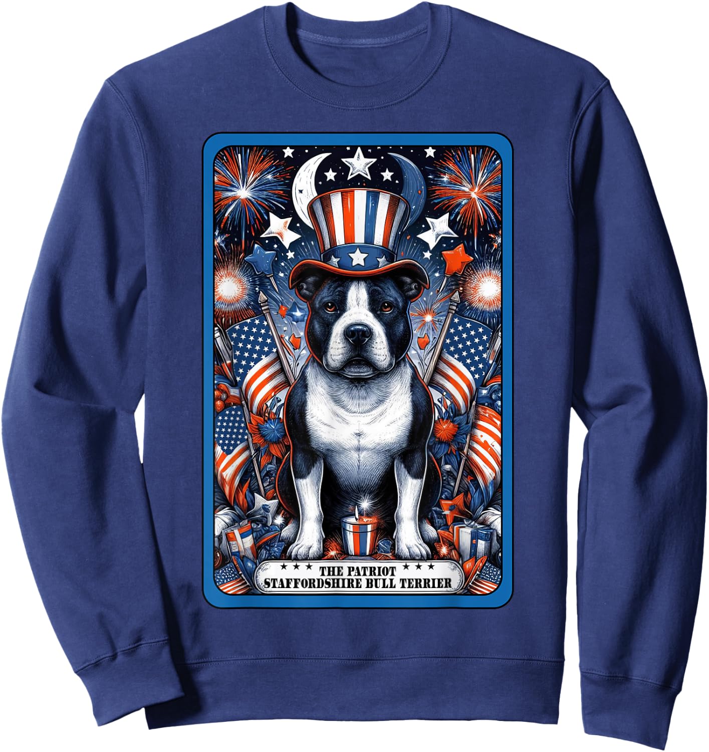 Staffordshire Bull Terrier Dog July 4th Patriotic Tarot Card Sweatshirt - Sweatshirt | Navy