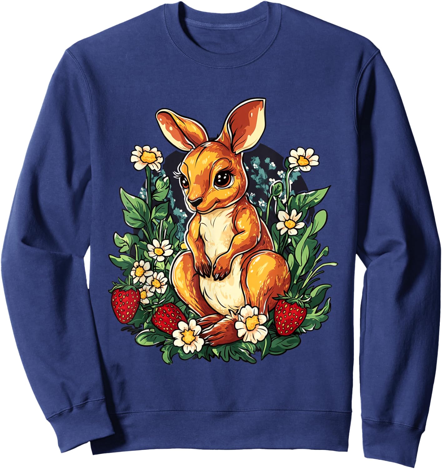 Kangaroo Strawberries and Flowers Graphic Cute Kangaroo Sweatshirt - Sweatshirt | Navy