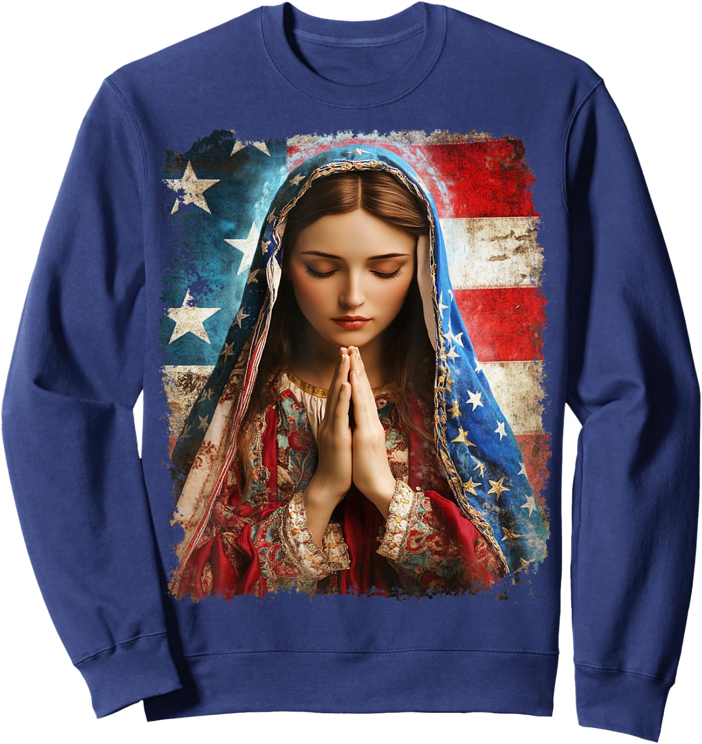 US Flag American The Virgin Mary Religious Christian Sweatshirt - Sweatshirt | Navy
