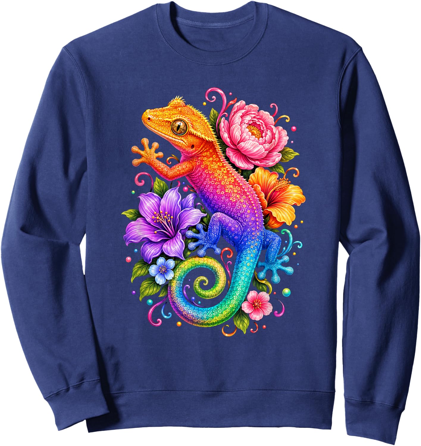 Cute Colorful Crested Gecko Flowers Rainbow Women Girls Kids Sweatshirt - Sweatshirt | Navy