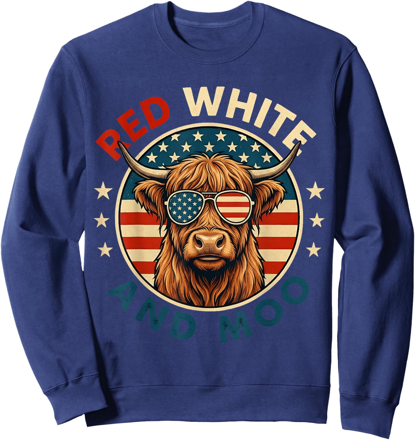 Red White and Moo Funny Toddler Highland Cow 4th of July Sweatshirt - Sweatshirt | Navy