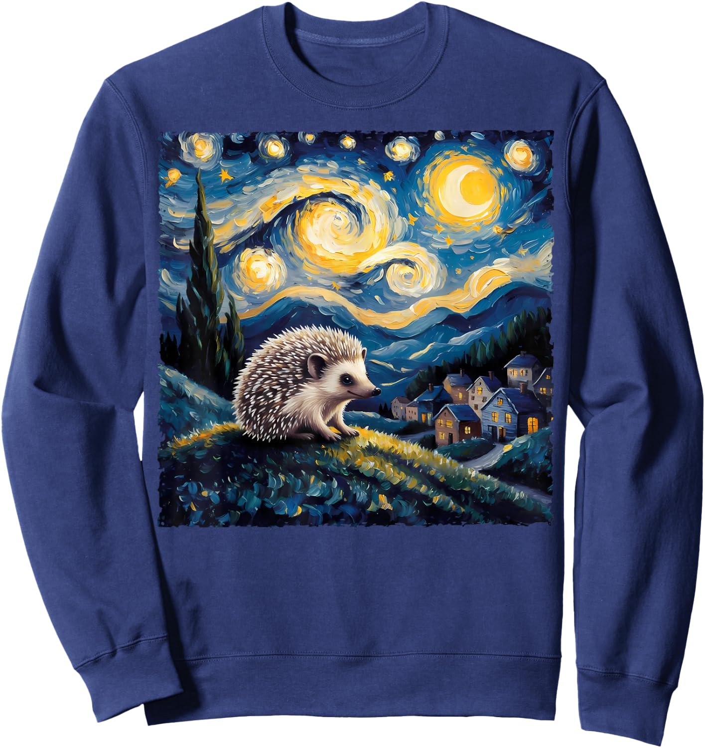Van Gogh Style Funny Hedgehog Lover Starry Night Painting Sweatshirt - Sweatshirt | Navy