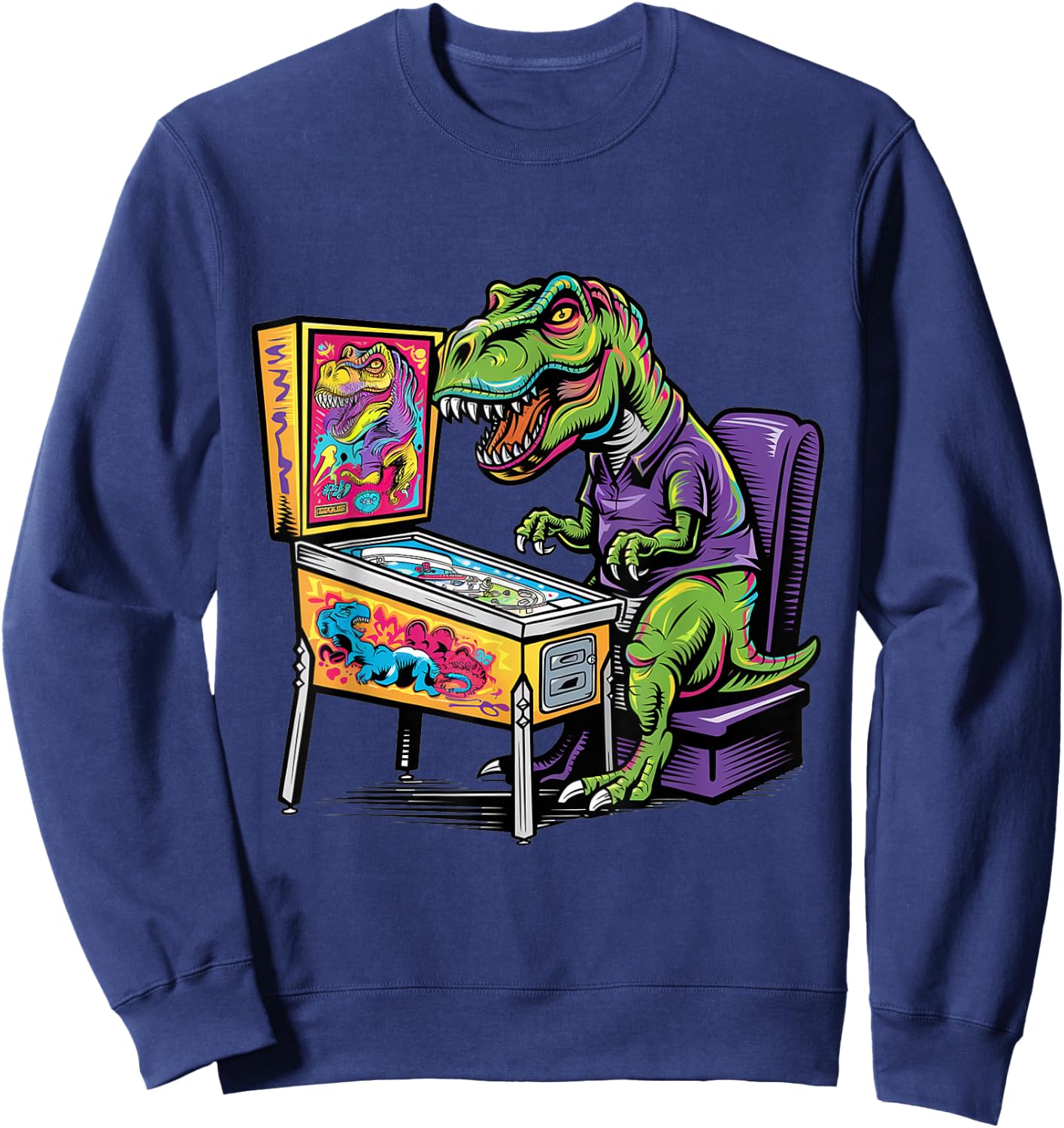 Funny T-rex Dinosaur Playing on Pinball Machine Retro Art Sweatshirt - Sweatshirt | Navy