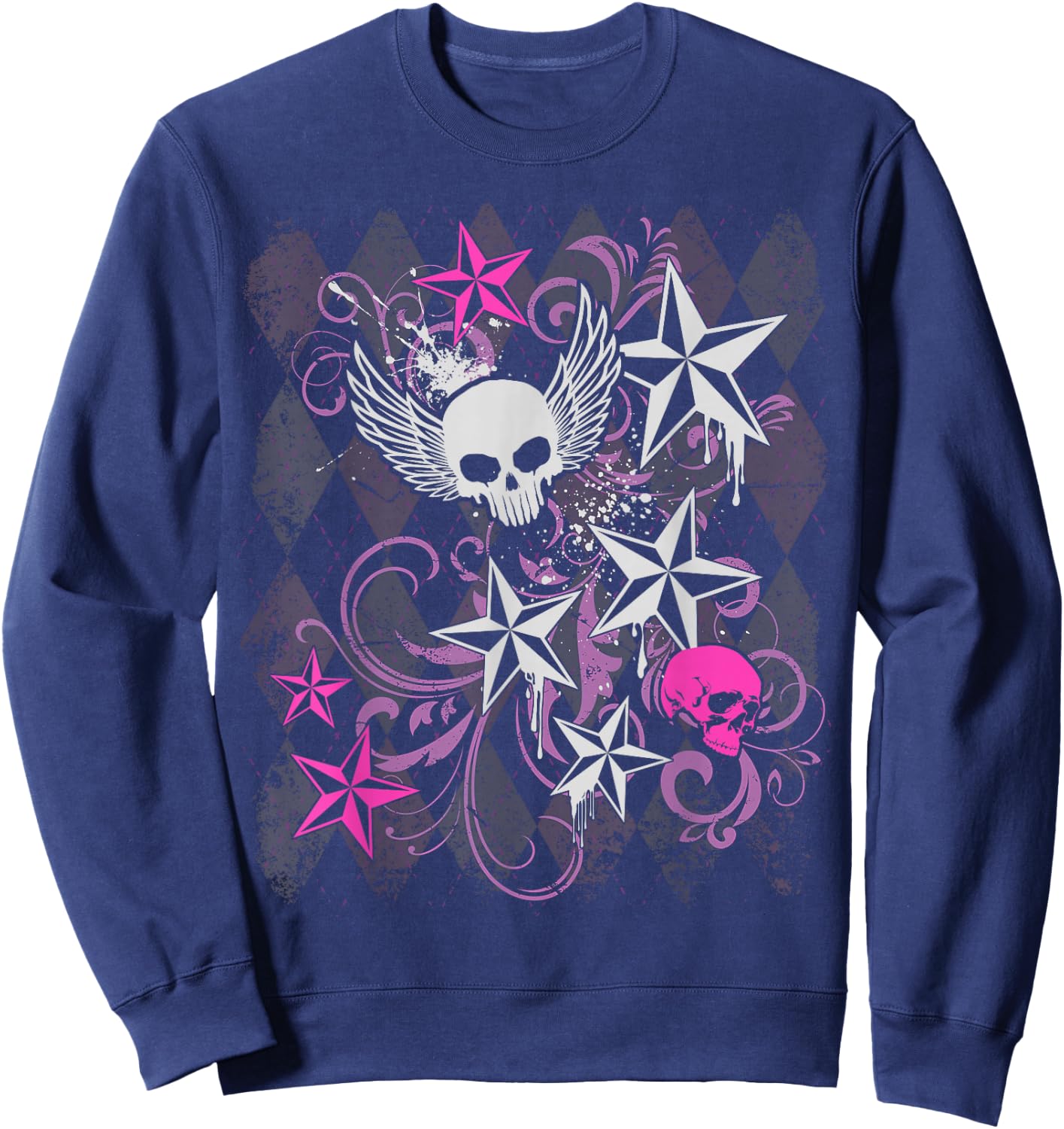 Y2k Grunge with Skull Wings Star Hot Pink 2000s Emo Teen Sweatshirt - Sweatshirt | Navy