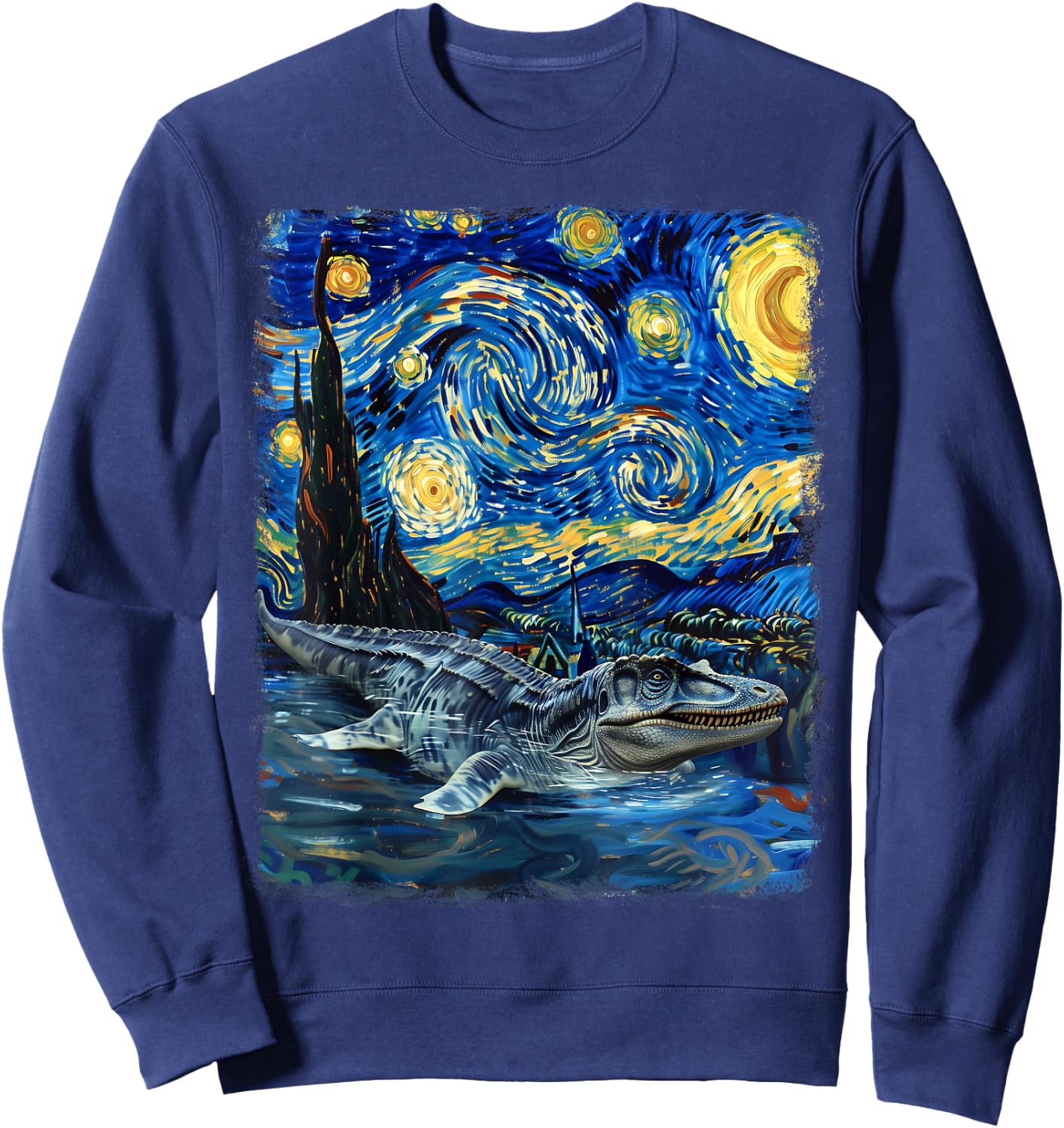 Mosasaurus Dinosaur Starry Night Painting Sweatshirt - Sweatshirt | Navy