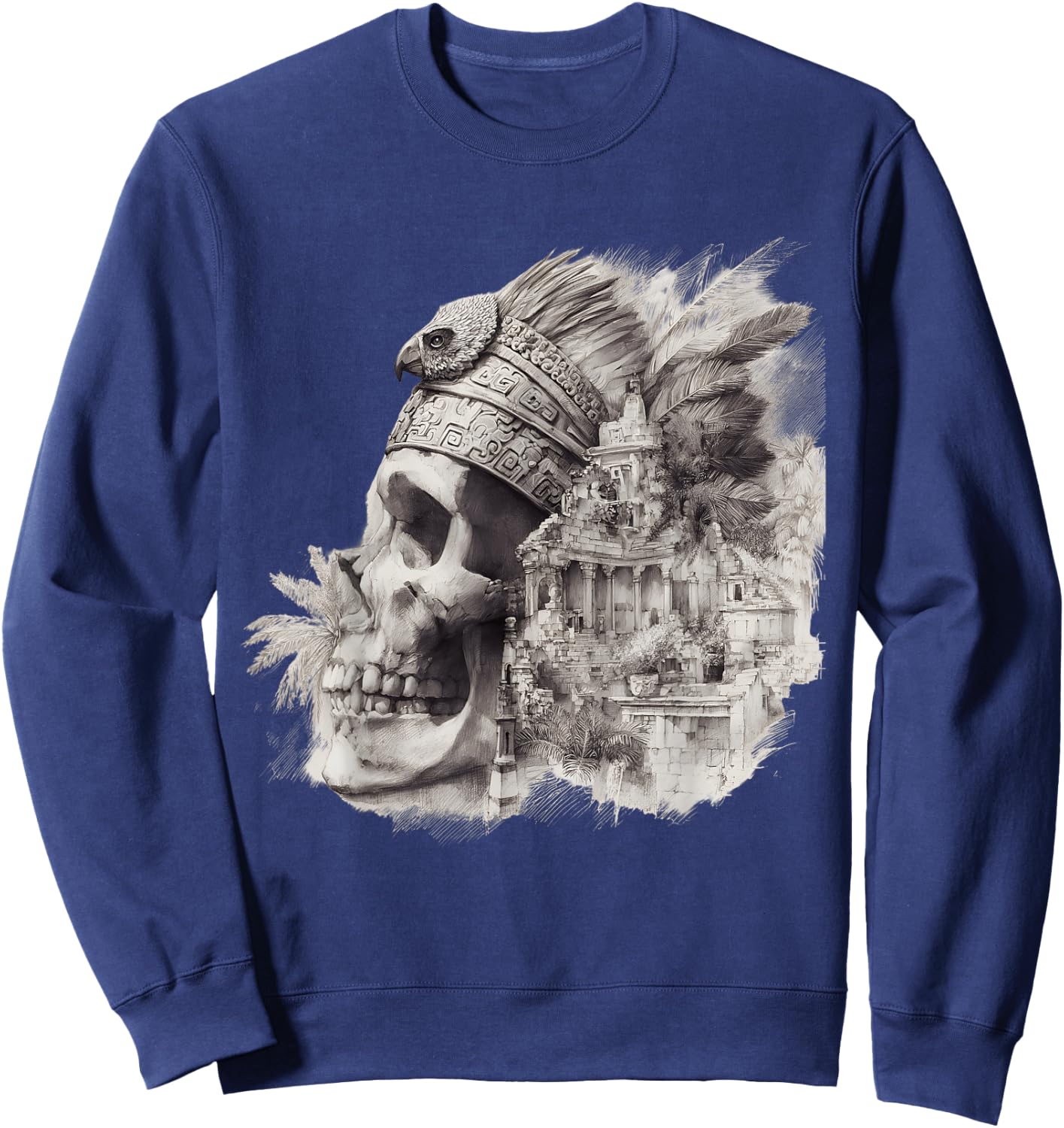 Mexican Maya Aztec Skull Native Maya Feathers Azteca Sweatshirt - Sweatshirt | Navy