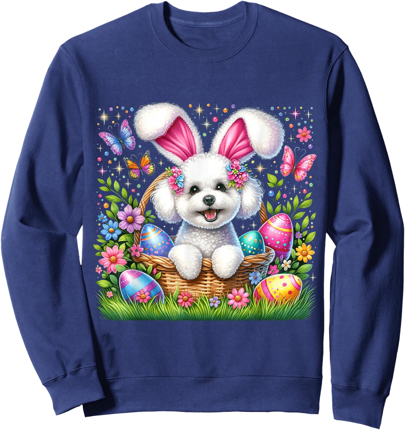 Cute Bunny Bichon Frise Dog Easter Eggs Basket Easter Day Sweatshirt - Sweatshirt | Navy