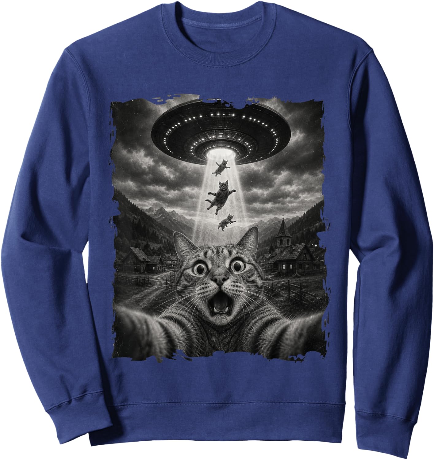 Funny Cat Seflie with Alien UFO Abduction Space Cat Meme Sweatshirt - Sweatshirt | Navy
