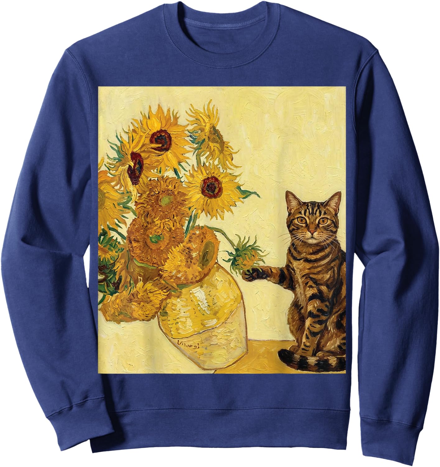 Funny Tabby Cat & Sunflowers Van Gogh Art Parody Sweatshirt - Sweatshirt | Navy