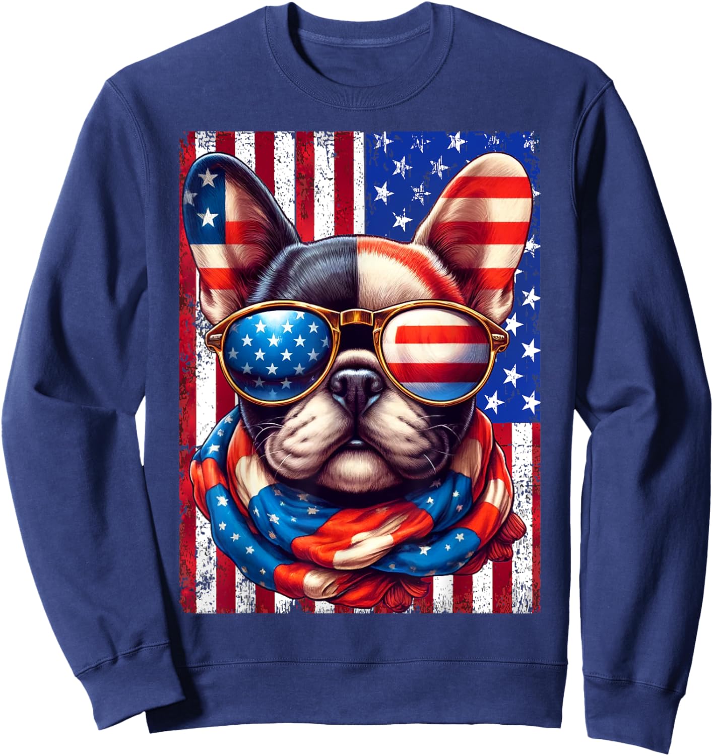 French Bulldog USA Flag Sunglasses 4th of July Patriotic Dog Sweatshirt - Sweatshirt | Navy