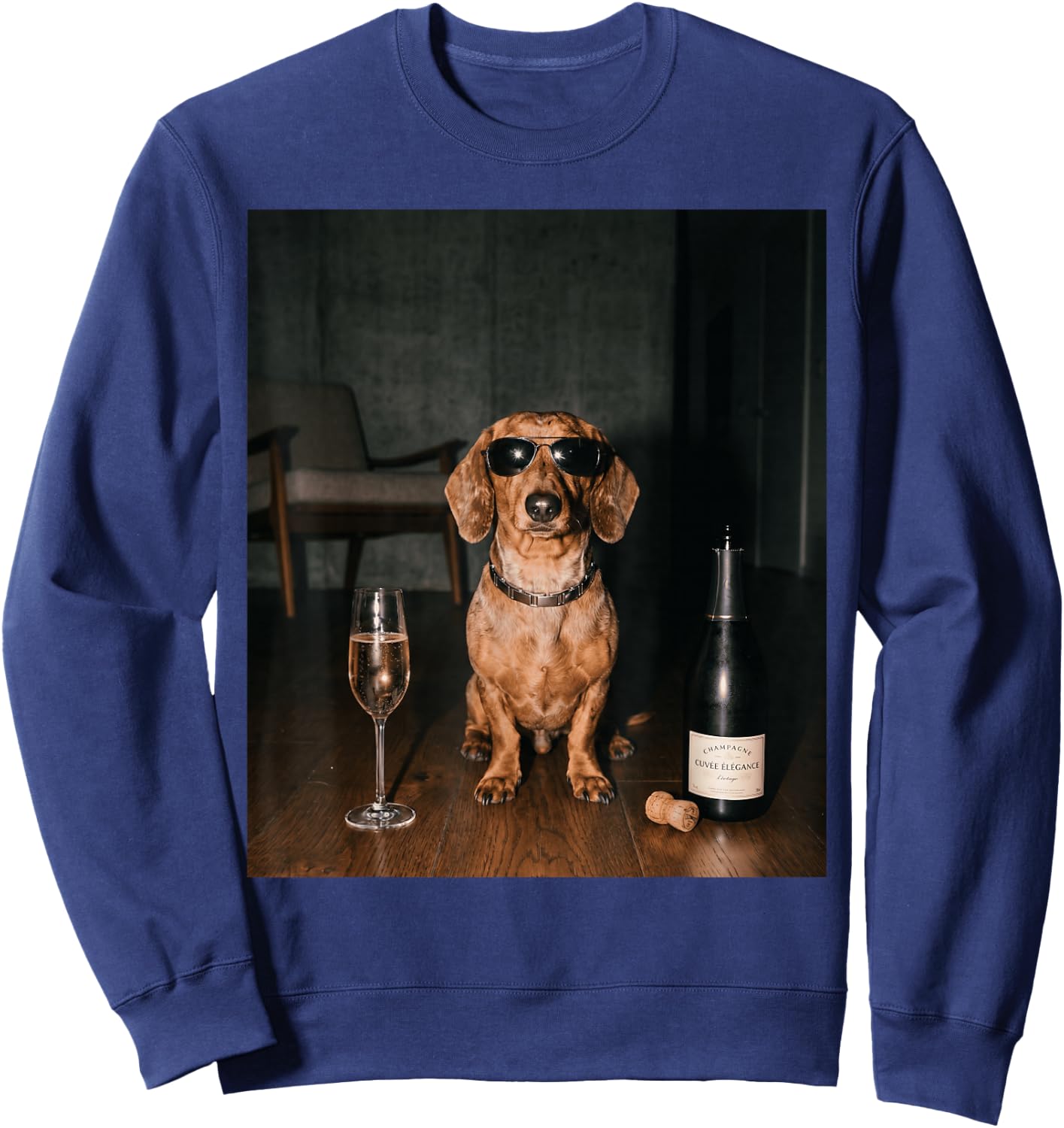 Dachshund Drinking Champagne Funny Fathers Day Sweatshirt - Sweatshirt | Navy