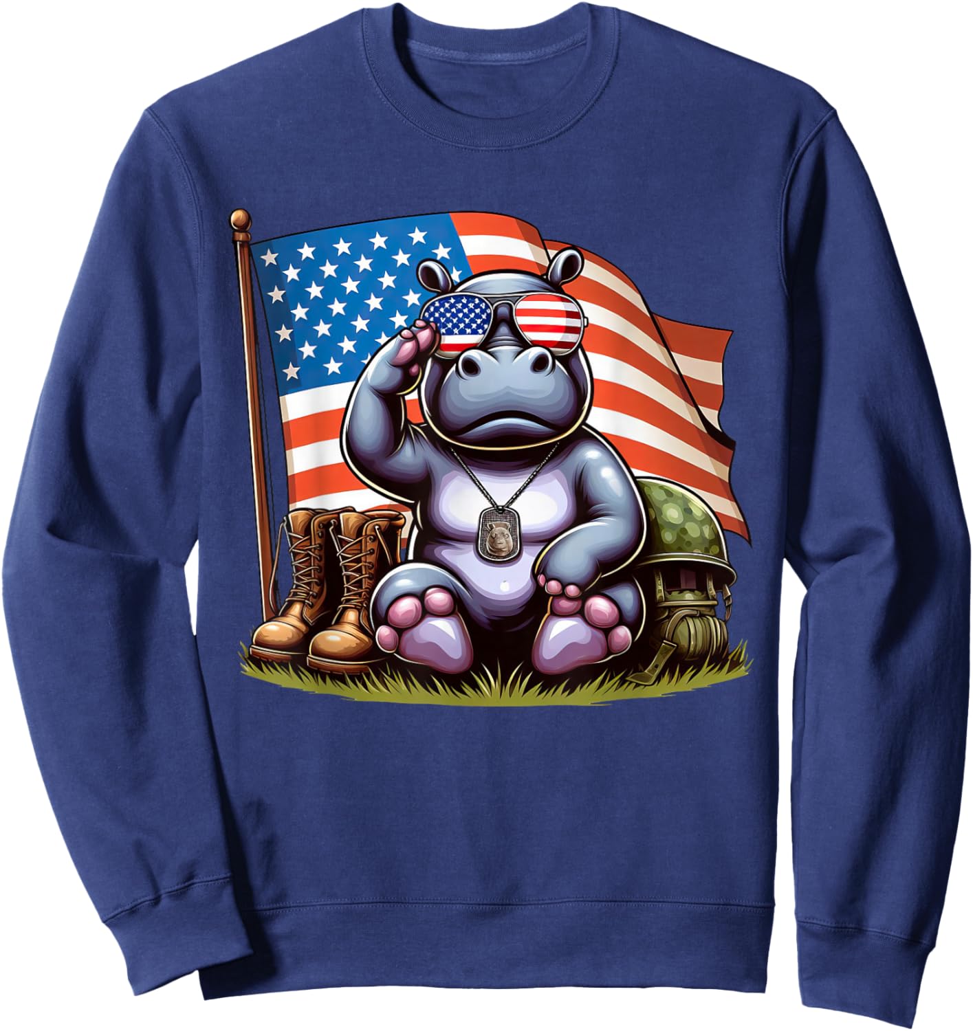 Salute Hippo American USA Flag Memorial Day 4th of July Sweatshirt - Sweatshirt | Navy