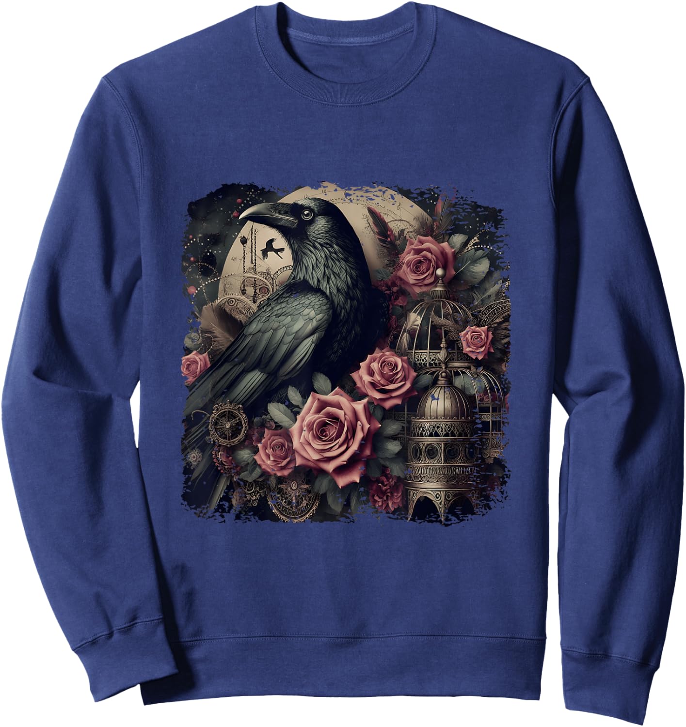 Gothic Raven Rose Enchanted Vintage Floral Crow Halloween Sweatshirt - Sweatshirt | Navy