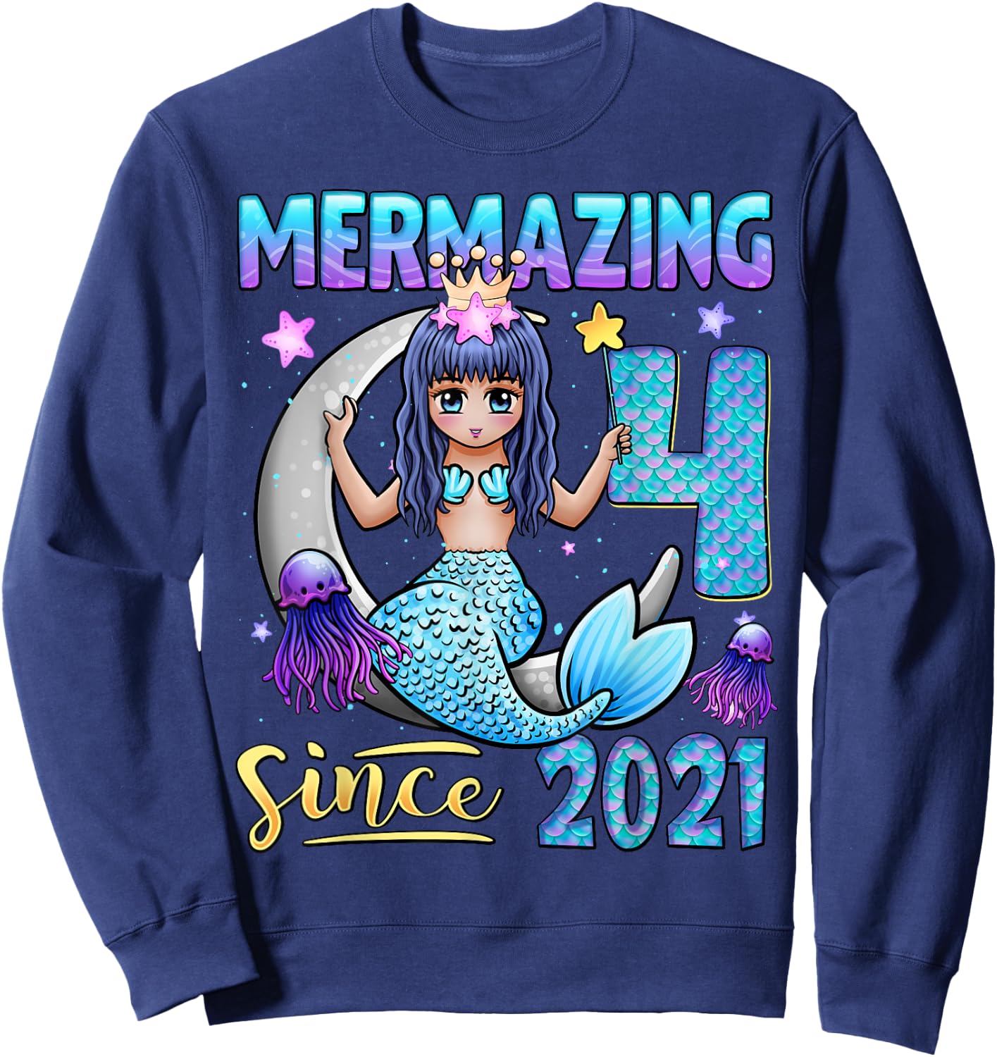 Mermaid Birthday Shirt 4 Years Old Mermaid 4th Birthday Girl Sweatshirt - Sweatshirt | Navy