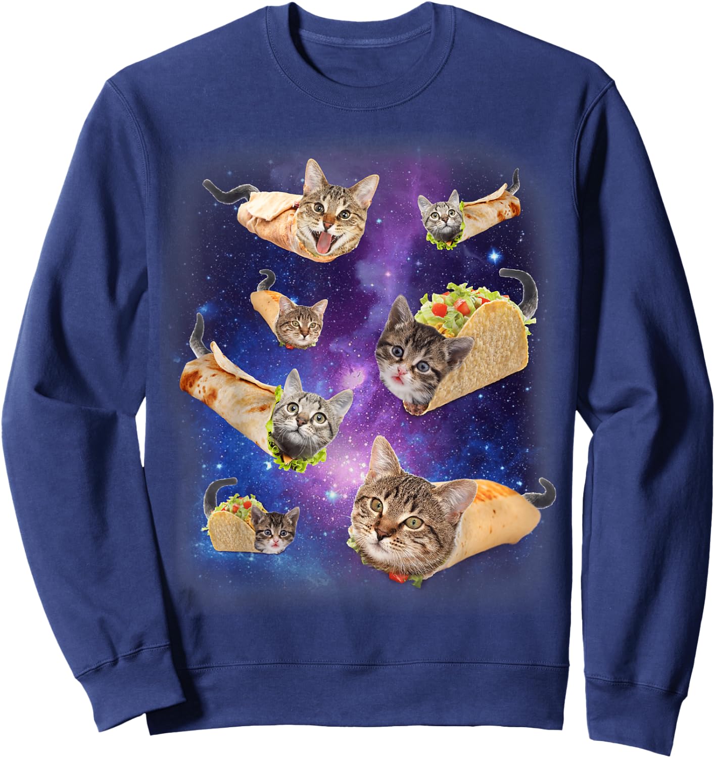 Burrito Cat and Taco Cat Space Galaxy Meme Tacocat Silly , Black, S Sweatshirt - Sweatshirt | Navy