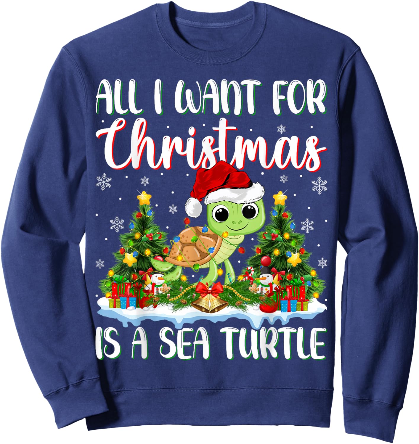 I Want For Christmas Is A Sea Turtle Xmas Tree Lights Sweatshirt - Sweatshirt | Navy