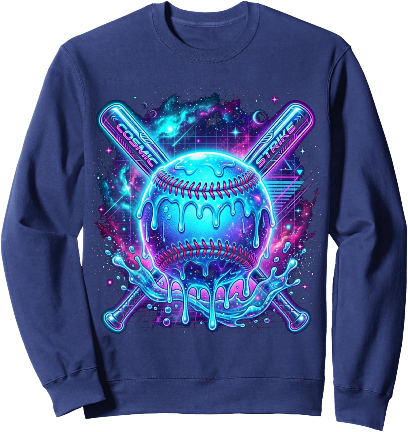 Cosmic Drip Baseball Glow Graphic Blue Vaporwave Aesthetic Sweatshirt - Sweatshirt | Navy