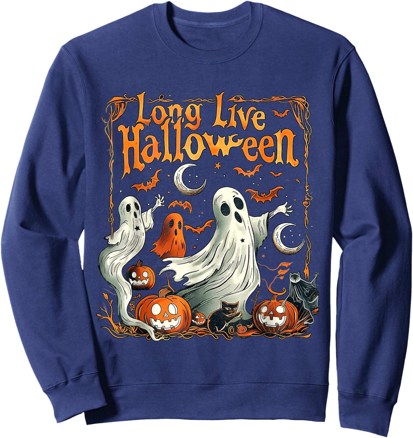 Retro Long Live Halloween Spooky Season Pumpkin Ghost Sweatshirt - Sweatshirt | Navy