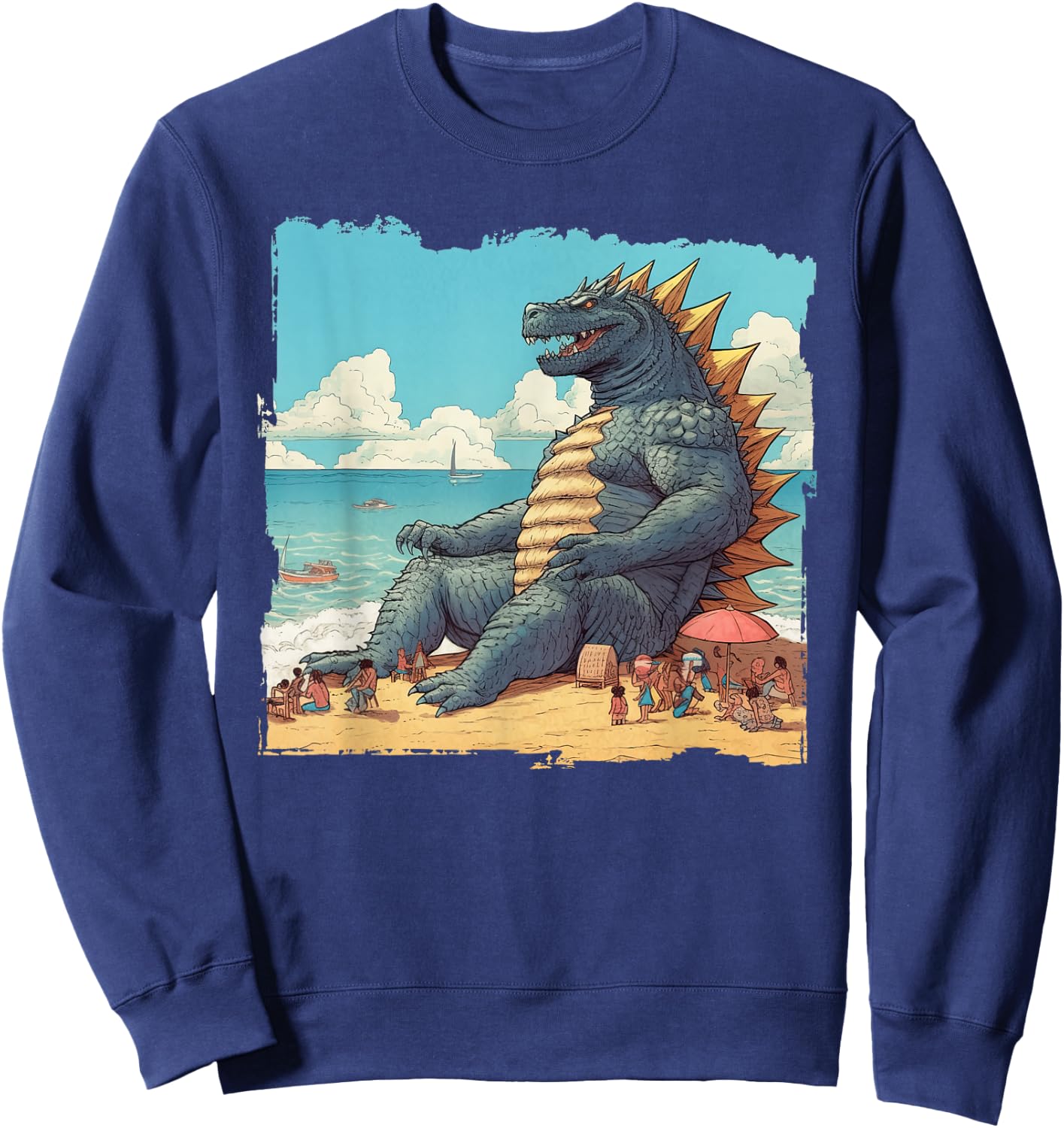 Kaiju on The Beach Suntanning Vacation Ocean Holiday Party Sweatshirt - Sweatshirt | Navy