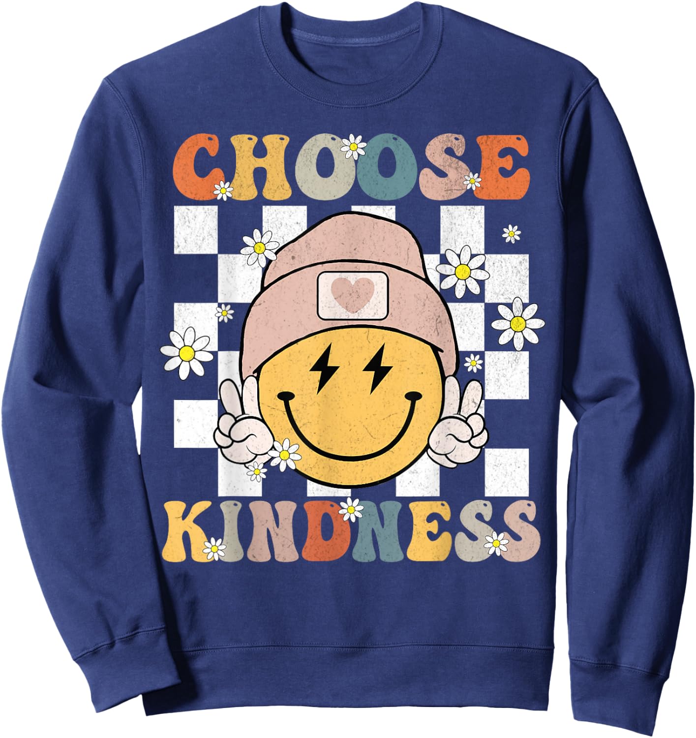 Retro Choose Kindness Smile Face Groovy Be Kind Women Kids Sweatshirt - Sweatshirt | Navy