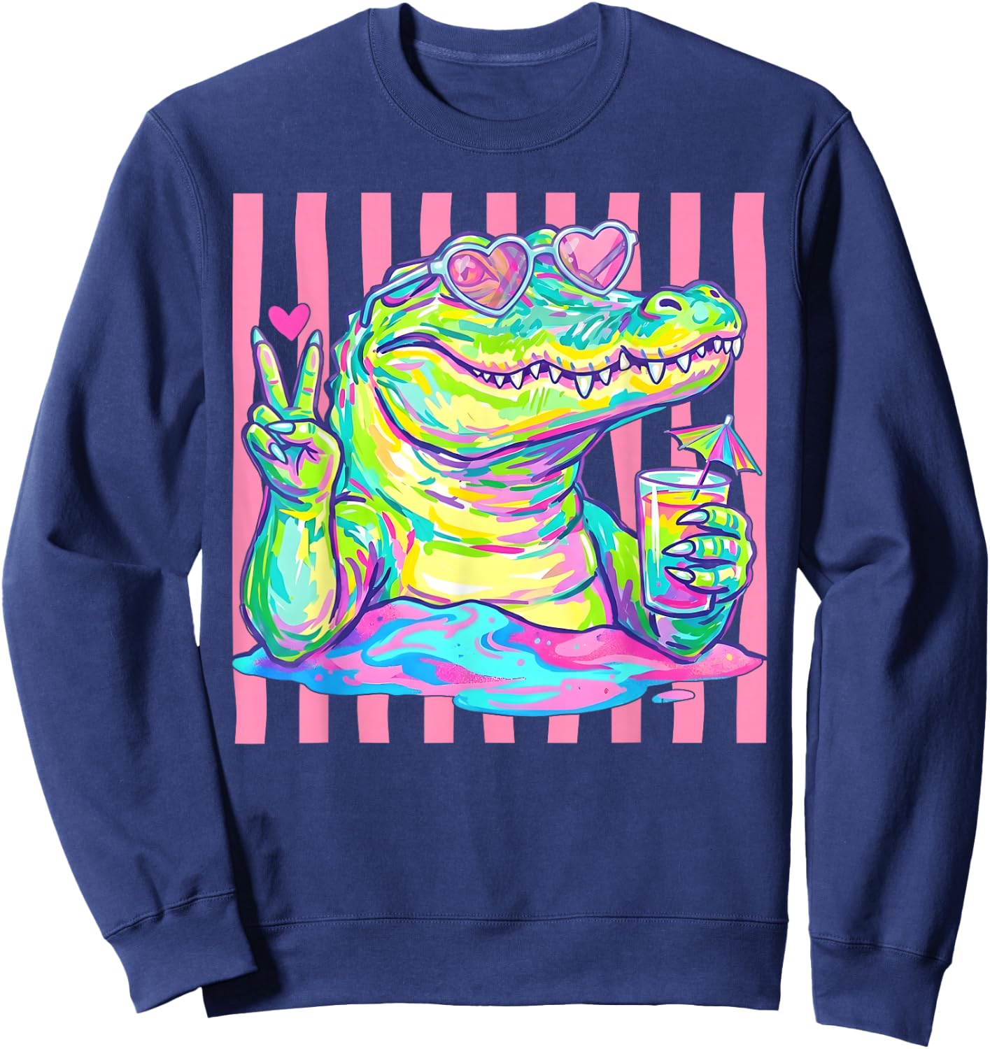 Preppy Alligator Heart Sunglasses Striped Aesthetic Summer Sweatshirt - Sweatshirt | Navy