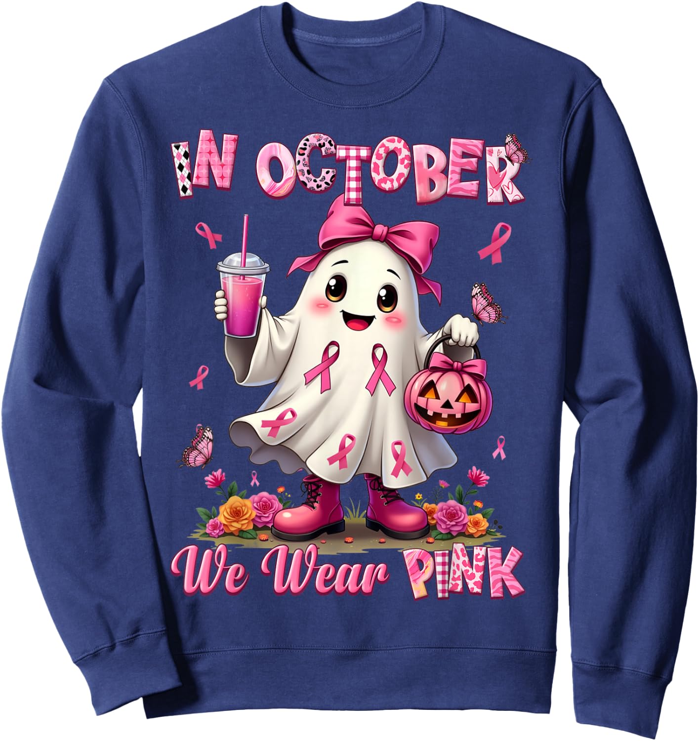 In October We Wear Pink Ghost Breast Cancer Awareness Sweatshirt - Sweatshirt | Navy