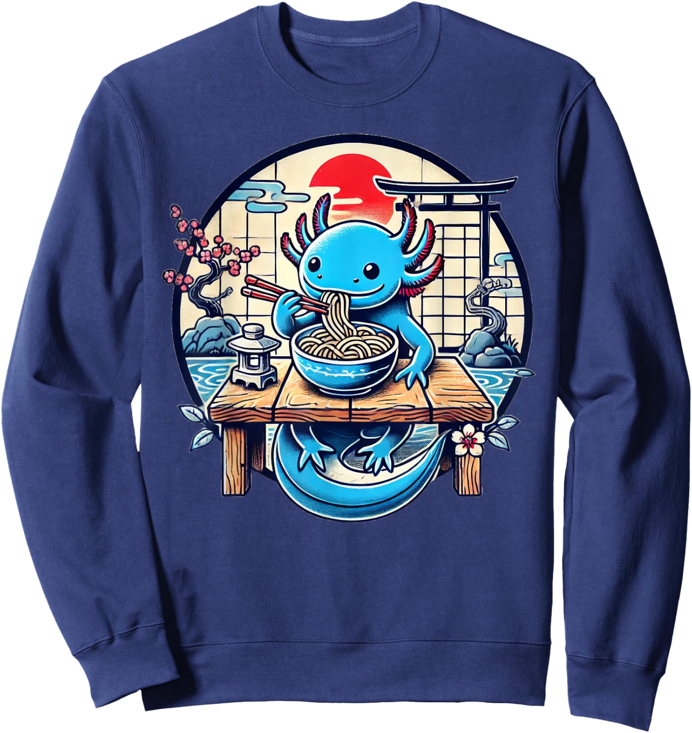 Kawaii Axolotl Eating Ramen Noodles Japanese Sweatshirt - Sweatshirt | Navy