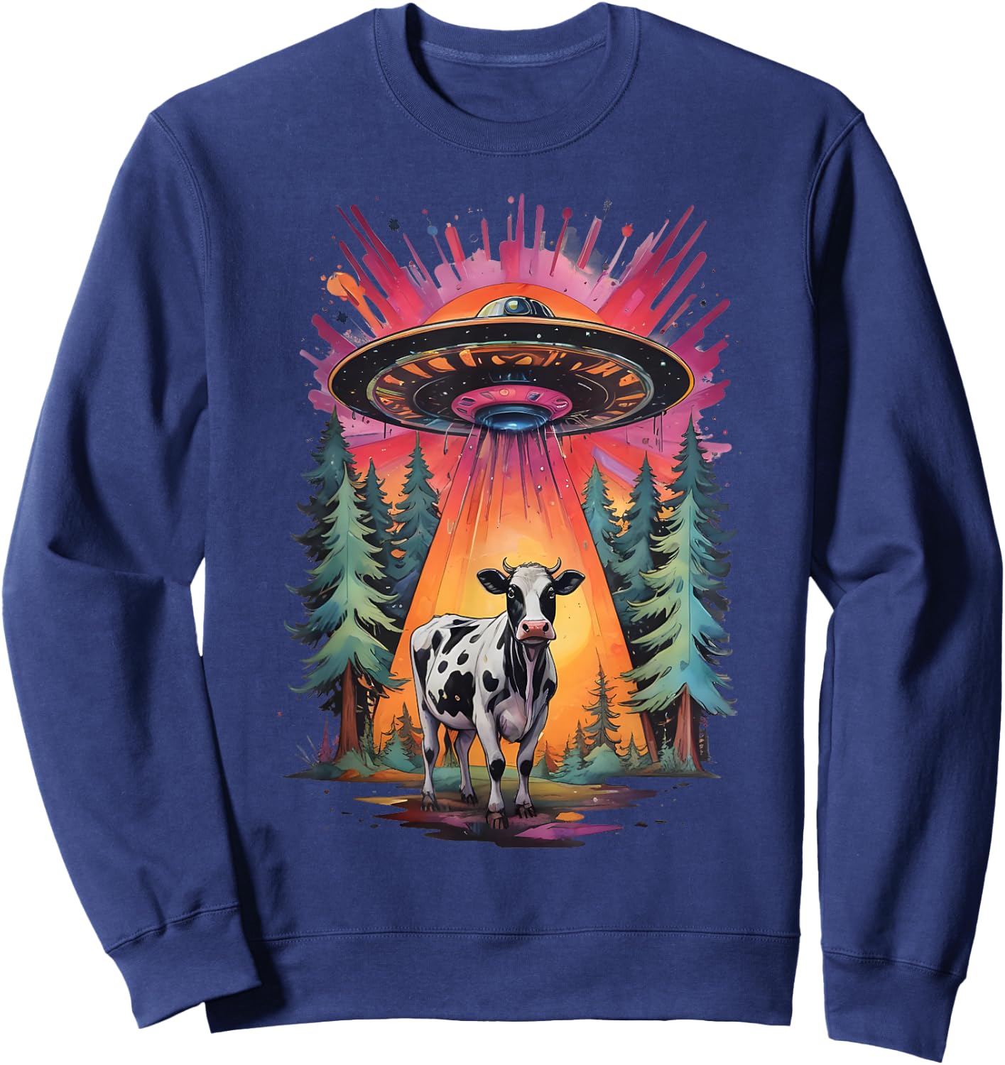 Funny Vintage Retro Graphic Alien UFO Cow Abduction BELIEVE Sweatshirt - Sweatshirt | Navy