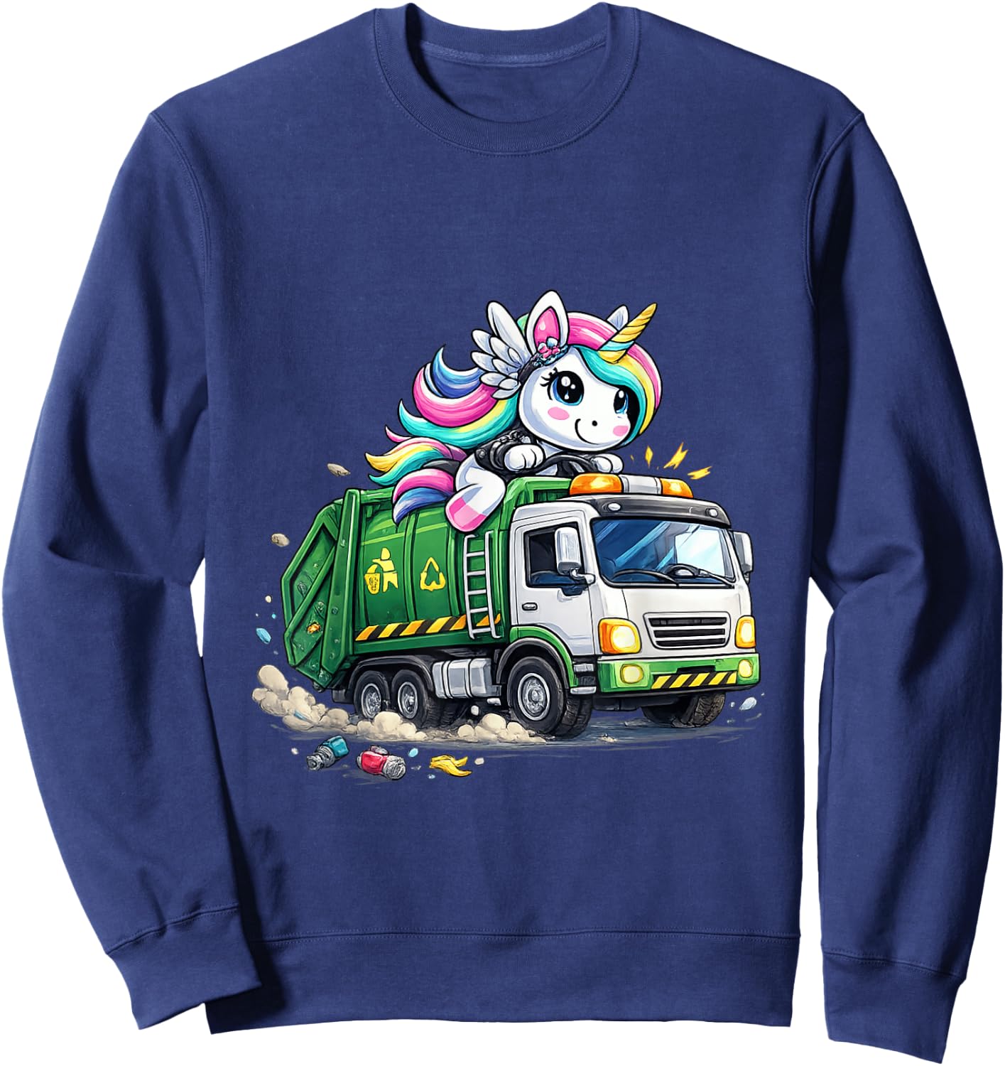 Unicorn Riding Garbage Truck Funny Rainbow Sweatshirt - Sweatshirt | Navy