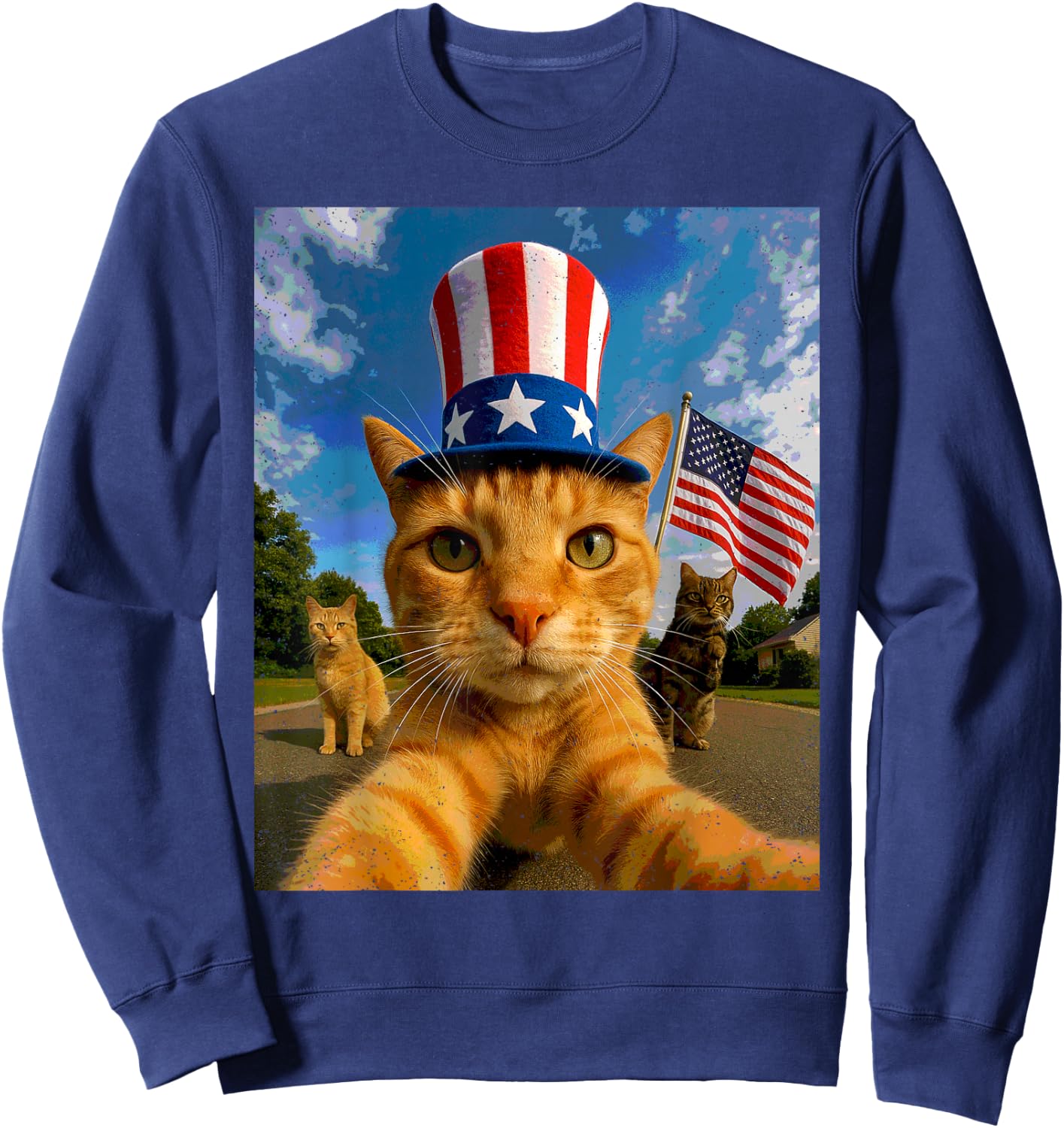 Cat Selfie American Flag 4th Of July Patriotic Kitten Lover Sweatshirt - Sweatshirt | Navy