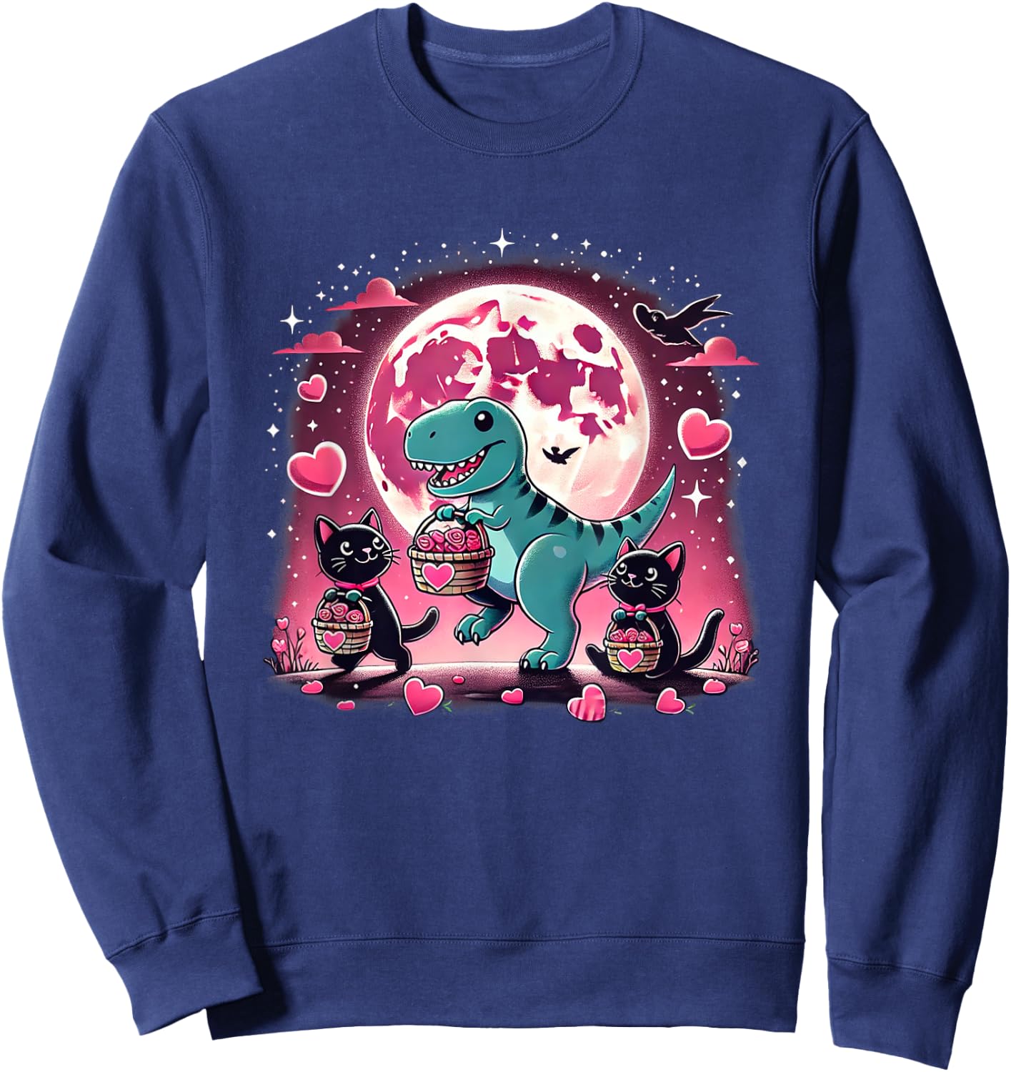 Funny Cats and Dino Valentine’s T-Rex Hearts Sweatshirt - Sweatshirt | Navy