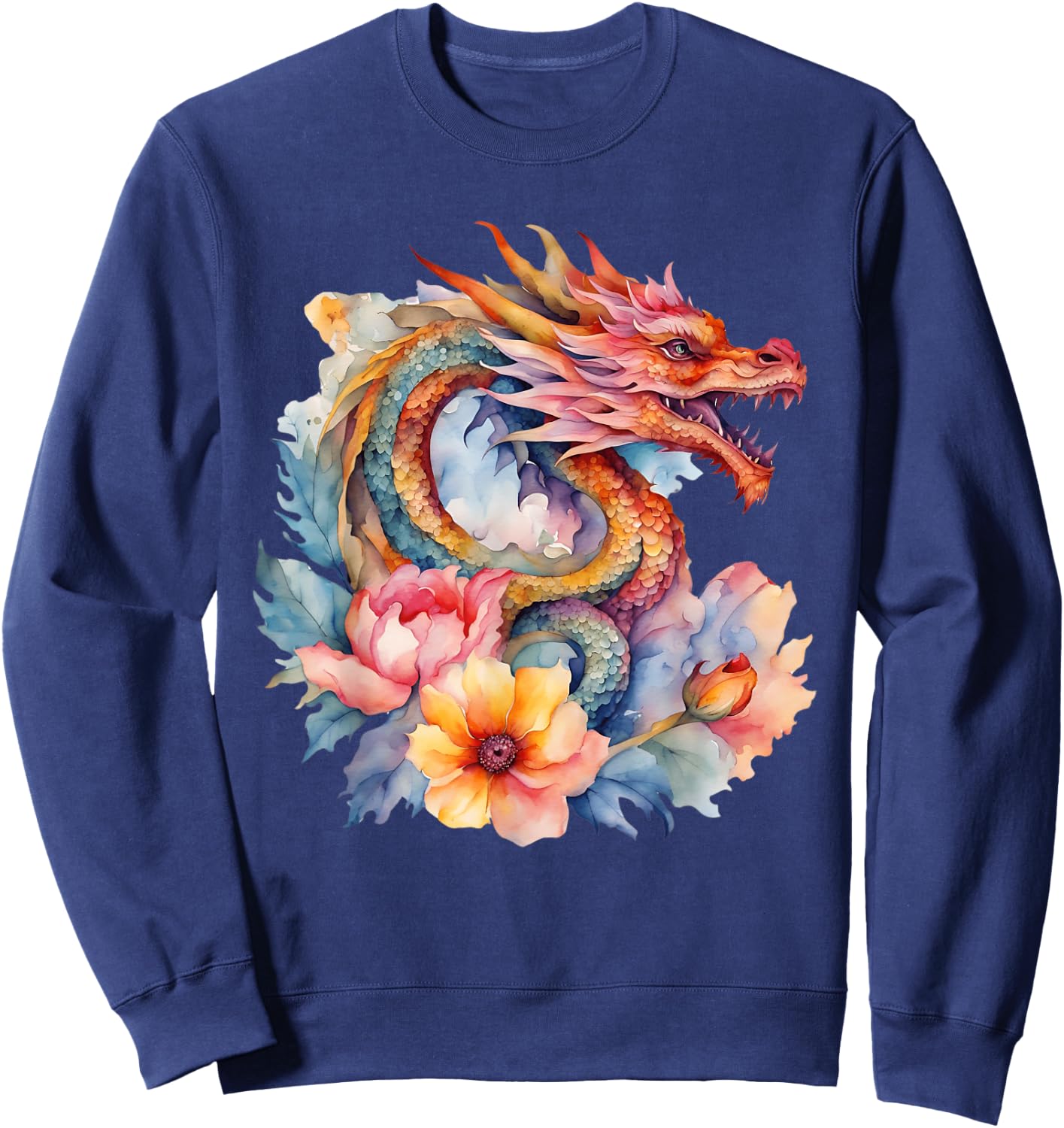 Watercolor Dragon Flowers Beautiful Art Colorful Graphic Sweatshirt - Sweatshirt | Navy