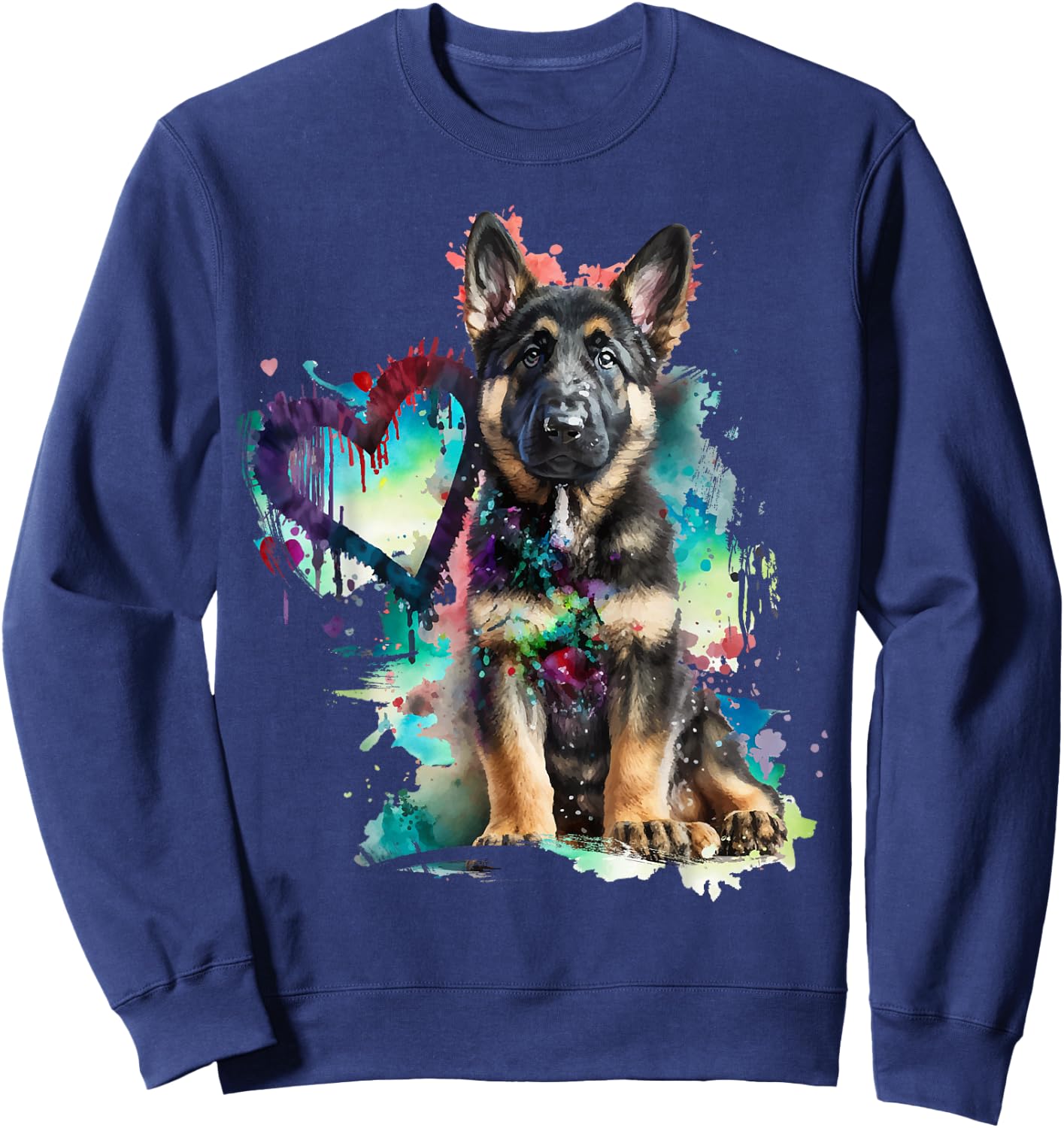 German Shepherd Puppy Mom Lover Watercolor Painting Heart Sweatshirt - Sweatshirt | Navy
