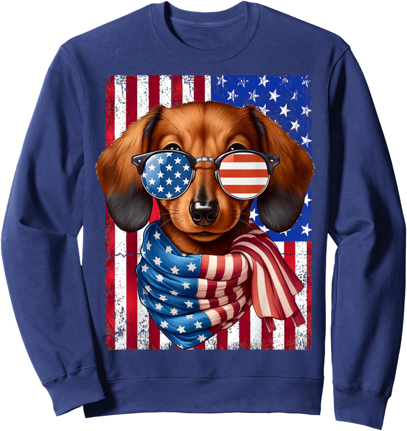 Dachshund Dog USA Flag Sunglasses Patriotic 4th of July Men Women Sweatshirt - Sweatshirt | Navy