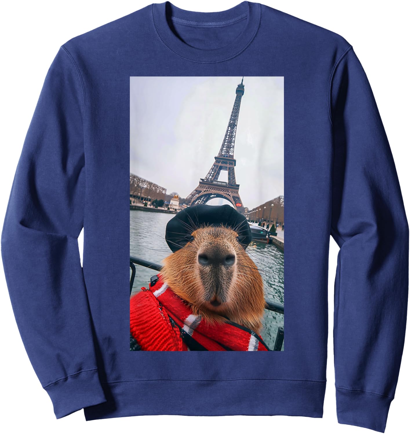 Funny Capybara Selfie Paris Eiffel Tower Fashion Men Women Sweatshirt - Sweatshirt | Navy