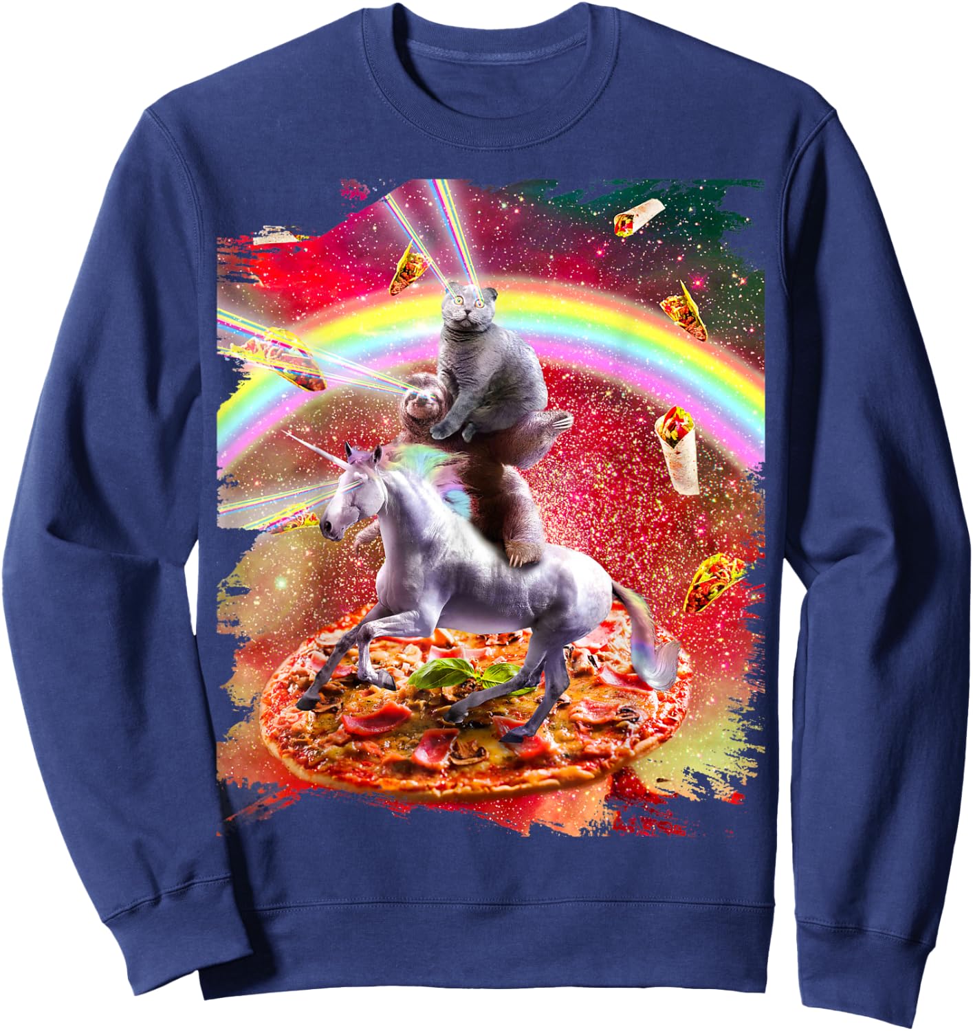 Laser Eyes Space Cat On Sloth Unicorn - Rainbow Sweatshirt - Sweatshirt | Navy