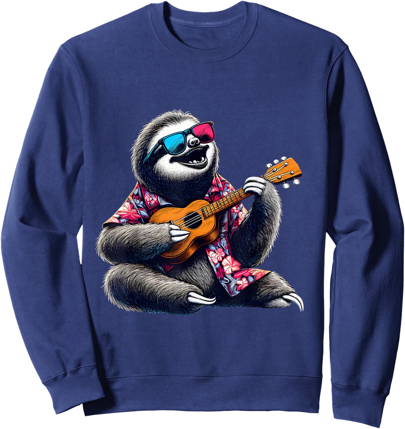 Sloth Wearing a Hawaiian Shirt, Playing a Ukulele Sweatshirt - Sweatshirt | Navy
