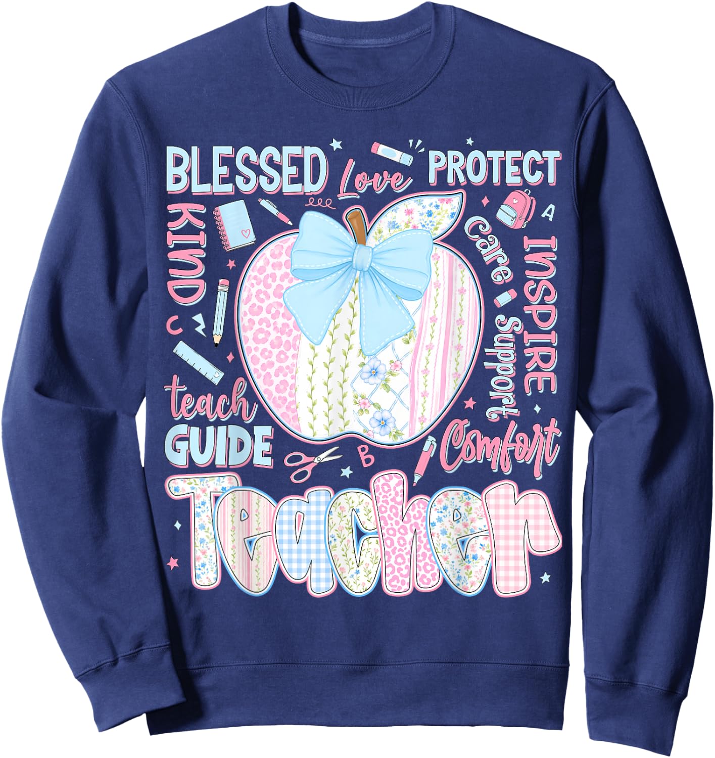 Back to School Teacher Teach Love Inspire Coquette Bow Girls Sweatshirt - Sweatshirt | Navy