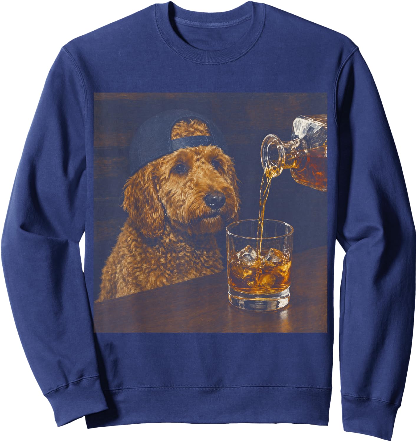 Vintage Goldendoodle Drinking Whiskey Funny Dog Lover Sweatshirt - Sweatshirt | Navy