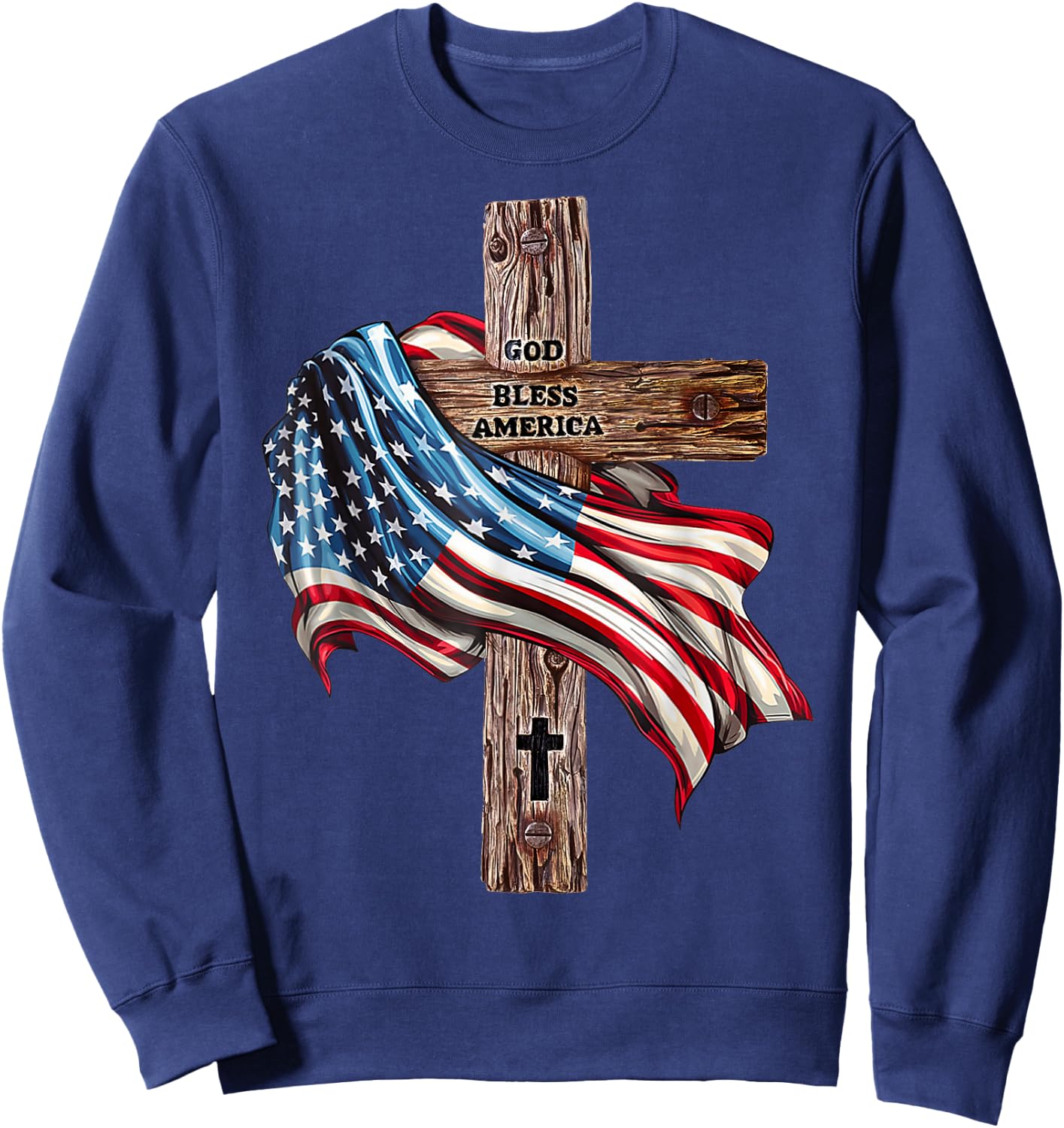 God Bless America Cross American Flag US Patriotic Christian Sweatshirt - Sweatshirt | Navy