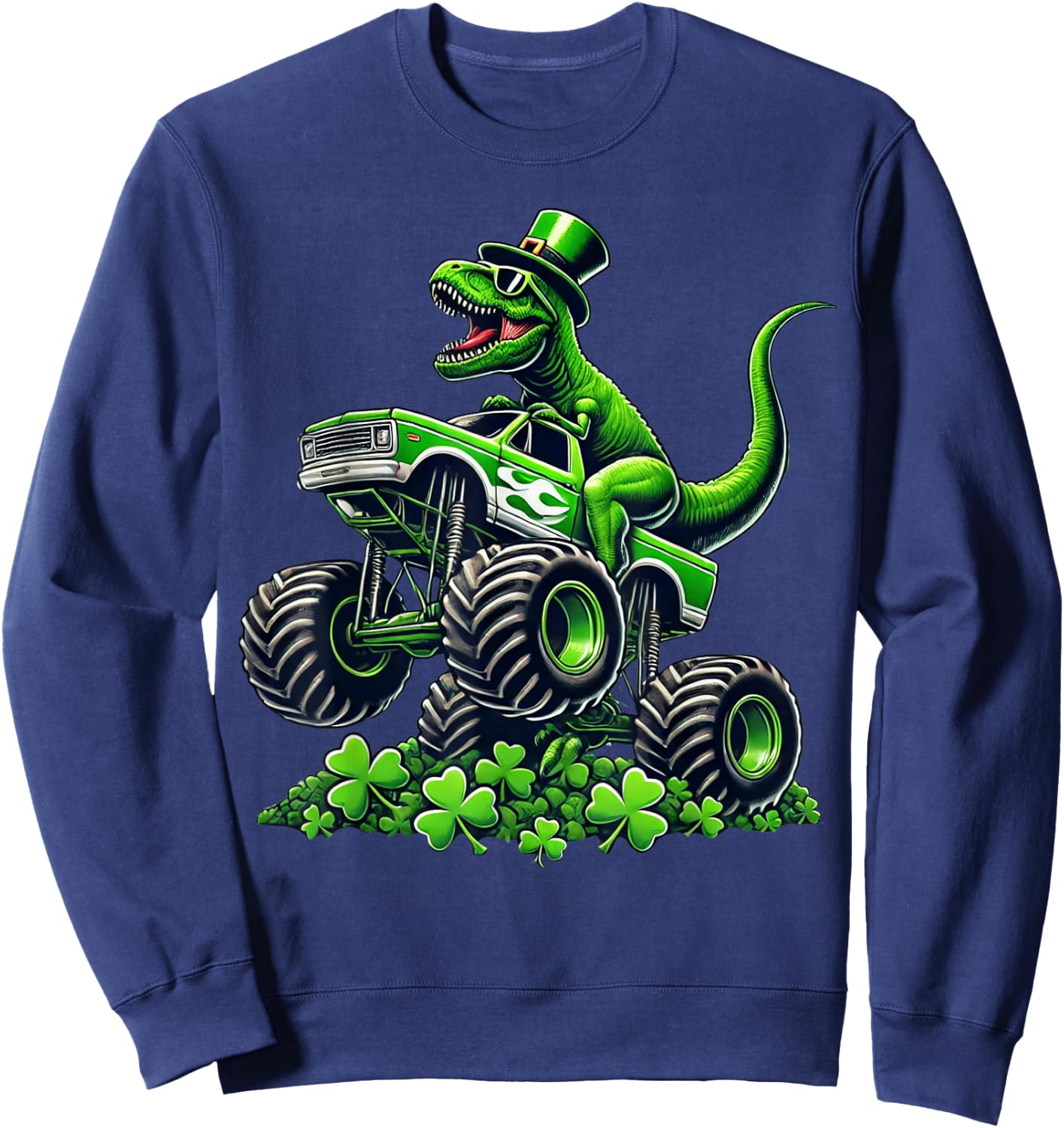 Boys Monster Truck T-rex Leprechaun St Patricks Day Boys Kid Sweatshirt - Sweatshirt | Navy